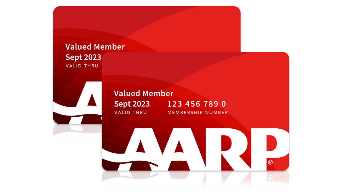 Two red and white AARP membership cards.