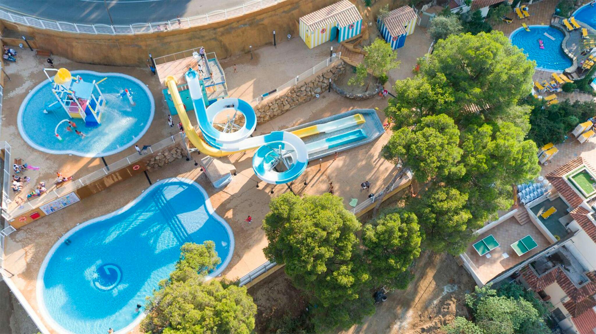 An exciting water world featuring thrilling slides.