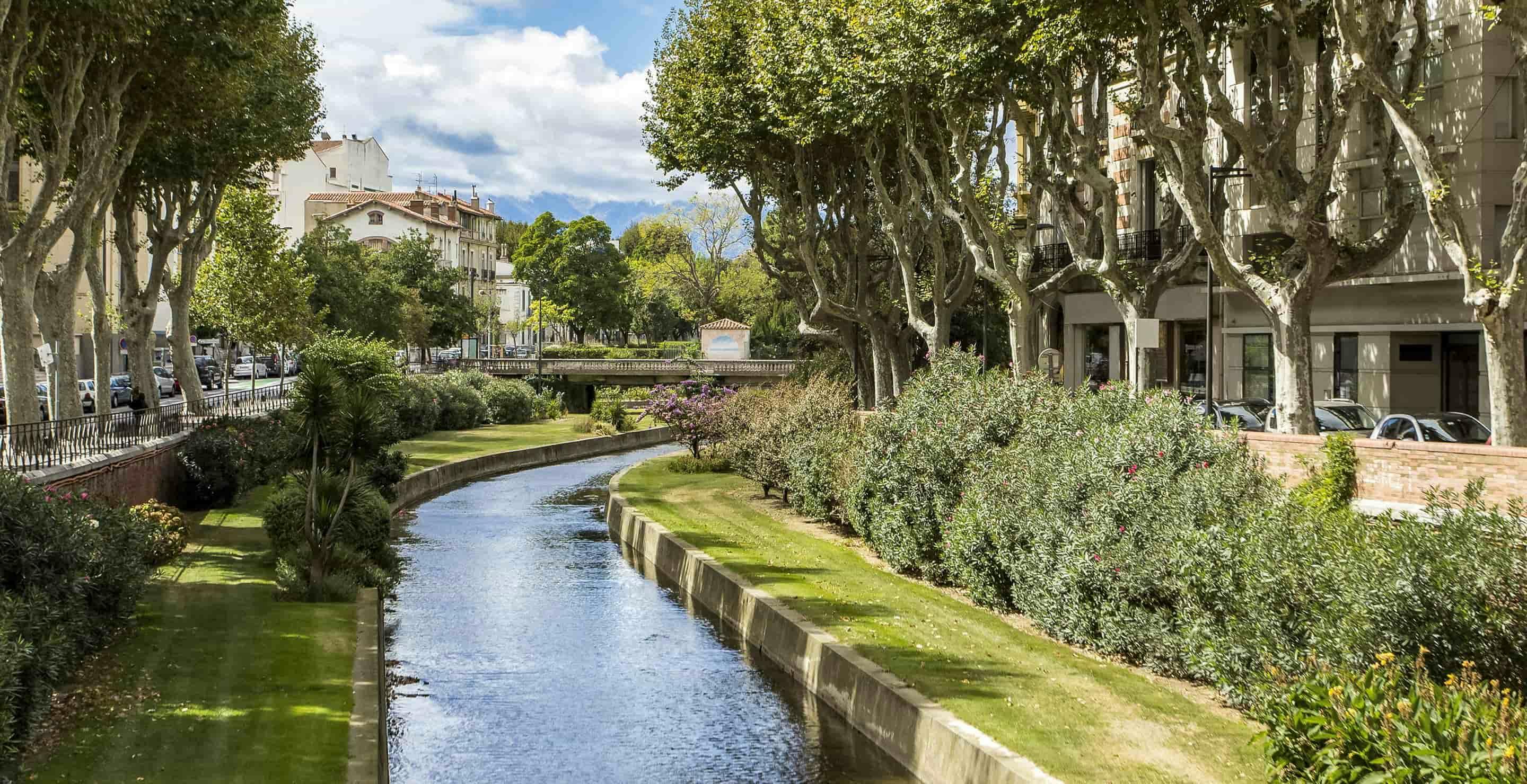 Un canal dans la ville de Perpignan avec des arbres et des bâtiments.