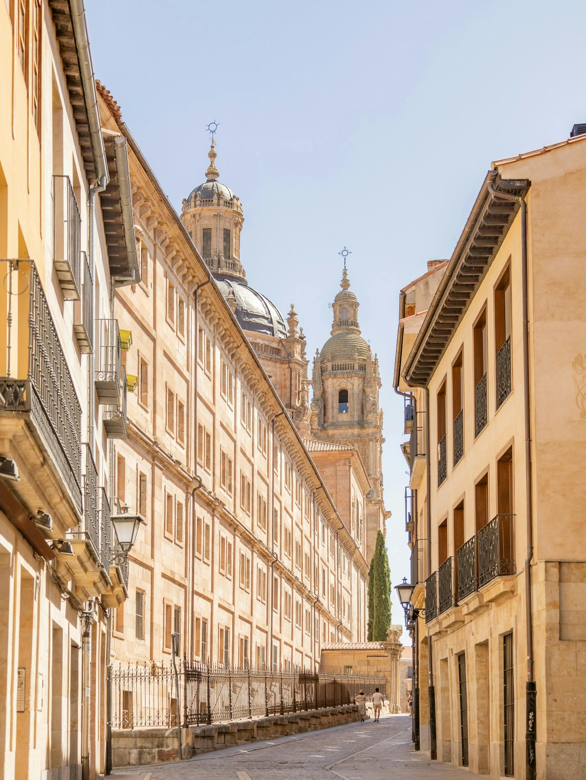 Rue de la ville de Salamanque, en Espagne, avec un bâtiment imposant à l'arrière-plan.