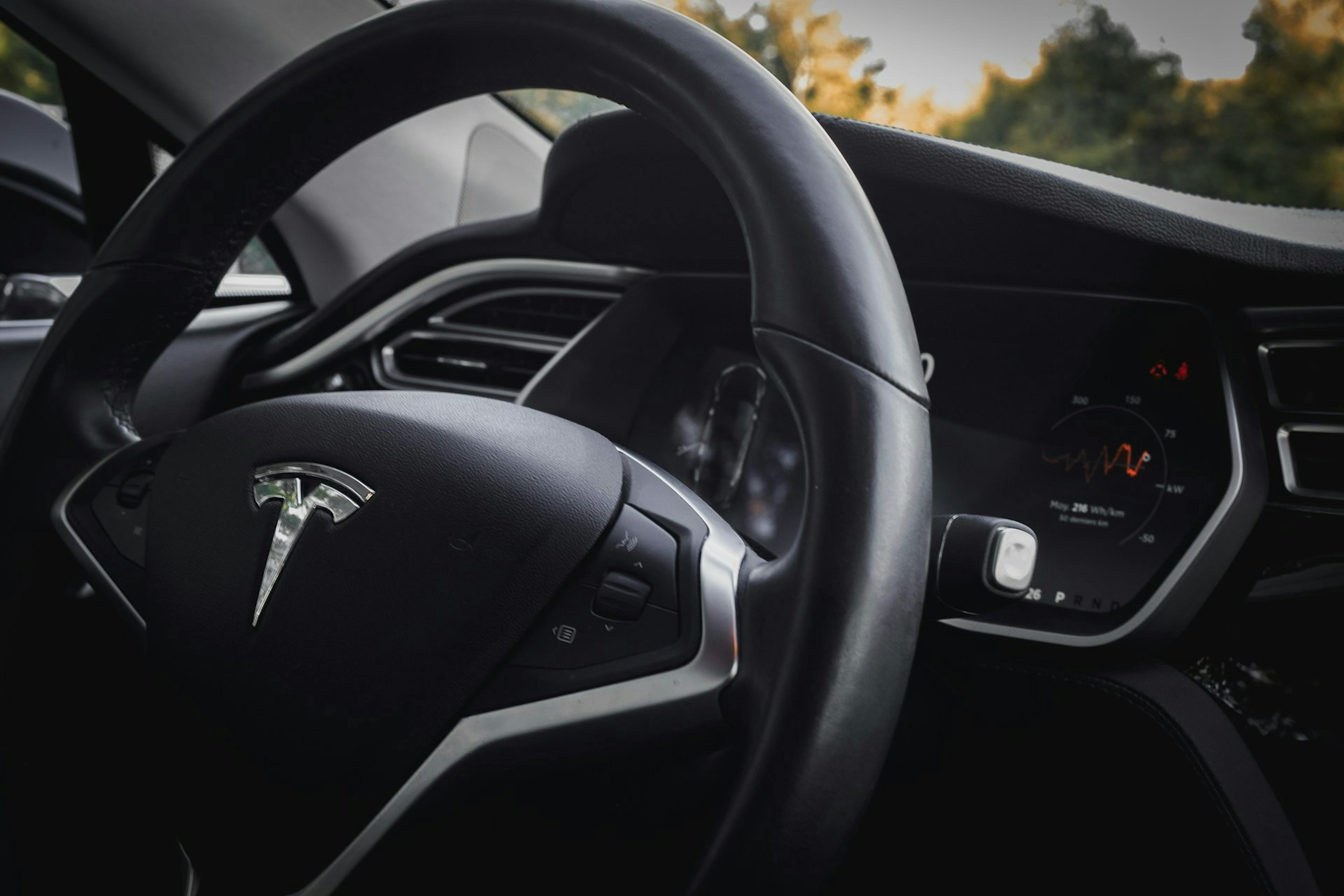 Close-up view of a Tesla steering wheel