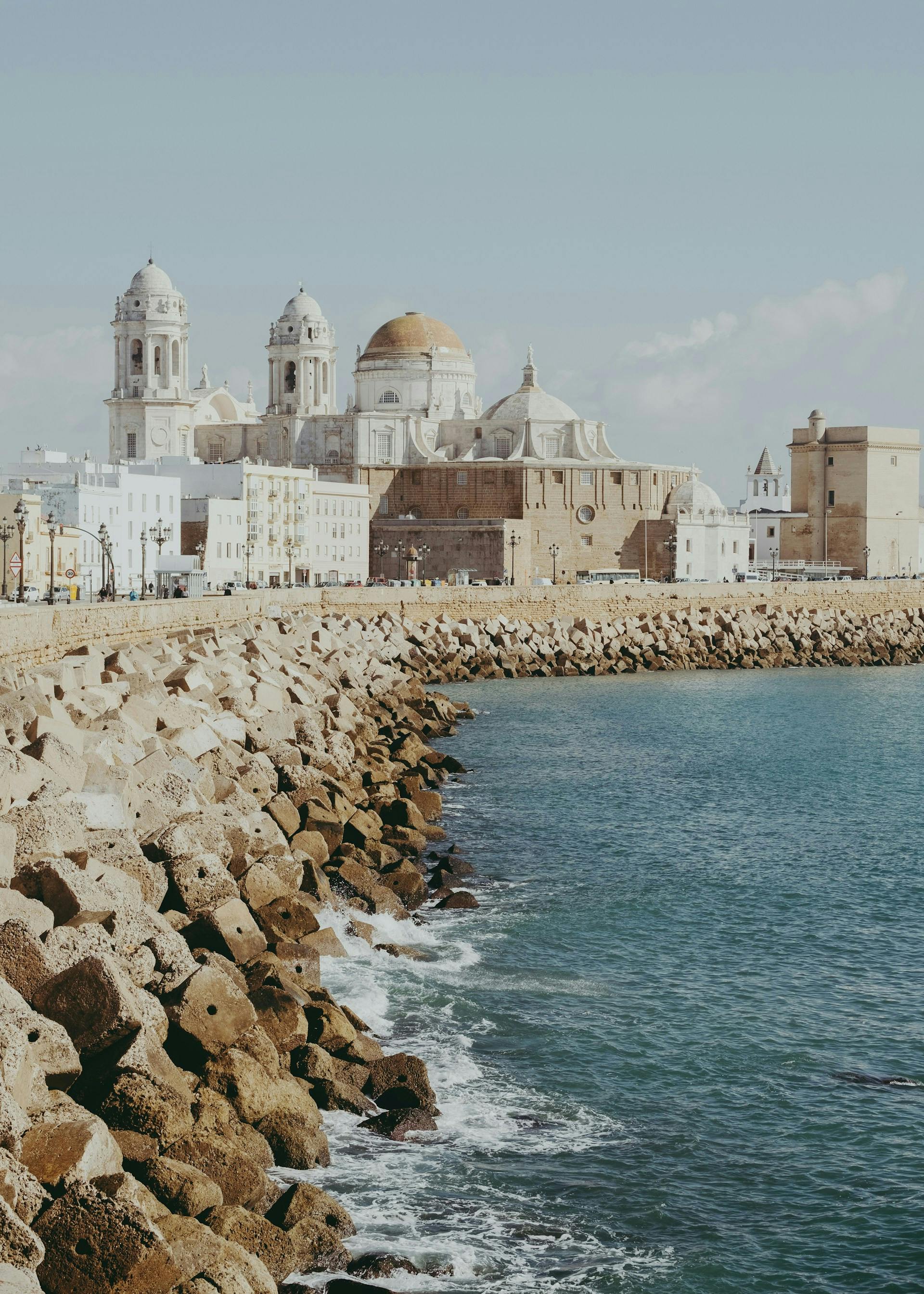 Seagulls perched on a building wall in Cadiz, overlooking the serene ocean waves below.