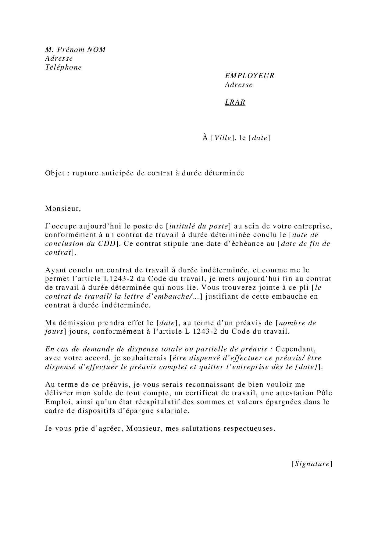 Lettre de démission CDD  Cadremploi