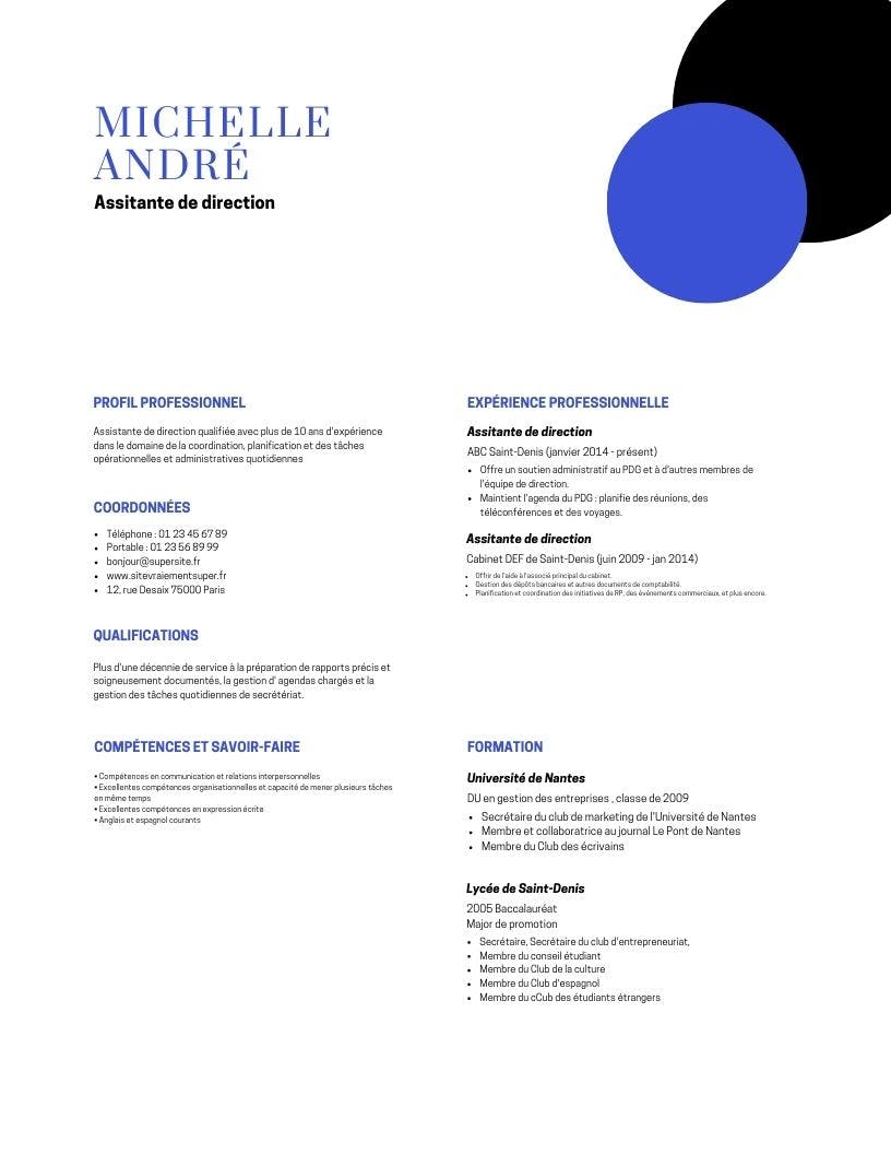 modèle de cv d'assistante de direction