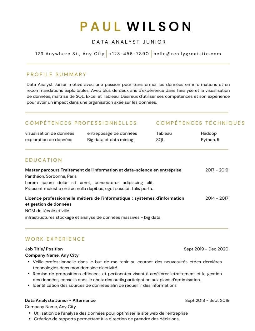 modèle de cv data analyst junior