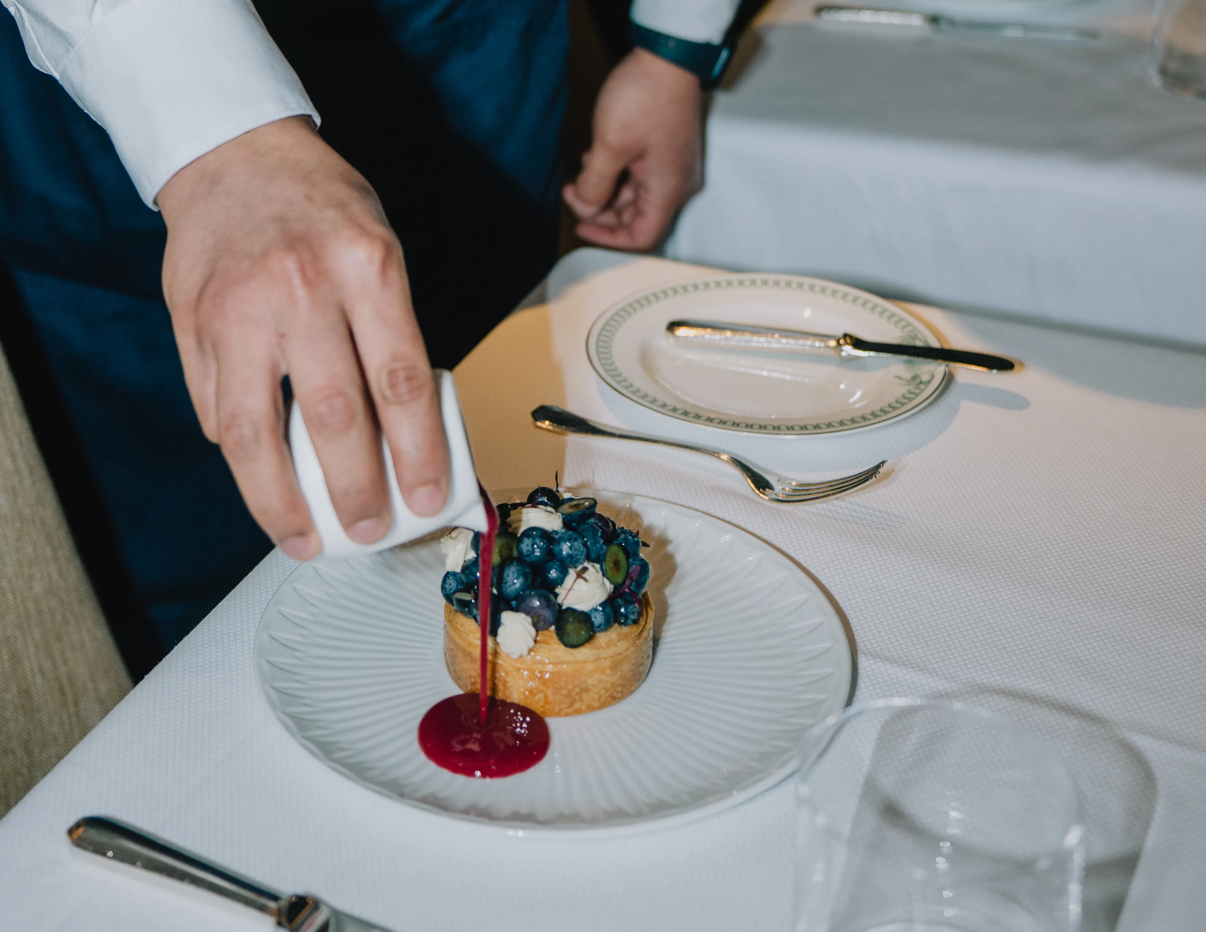 BLEU-BERRY TART at Café Boulud at Maison BARNES  puff pastry, almond cream, vanilla mascarpone, raspberry coulis