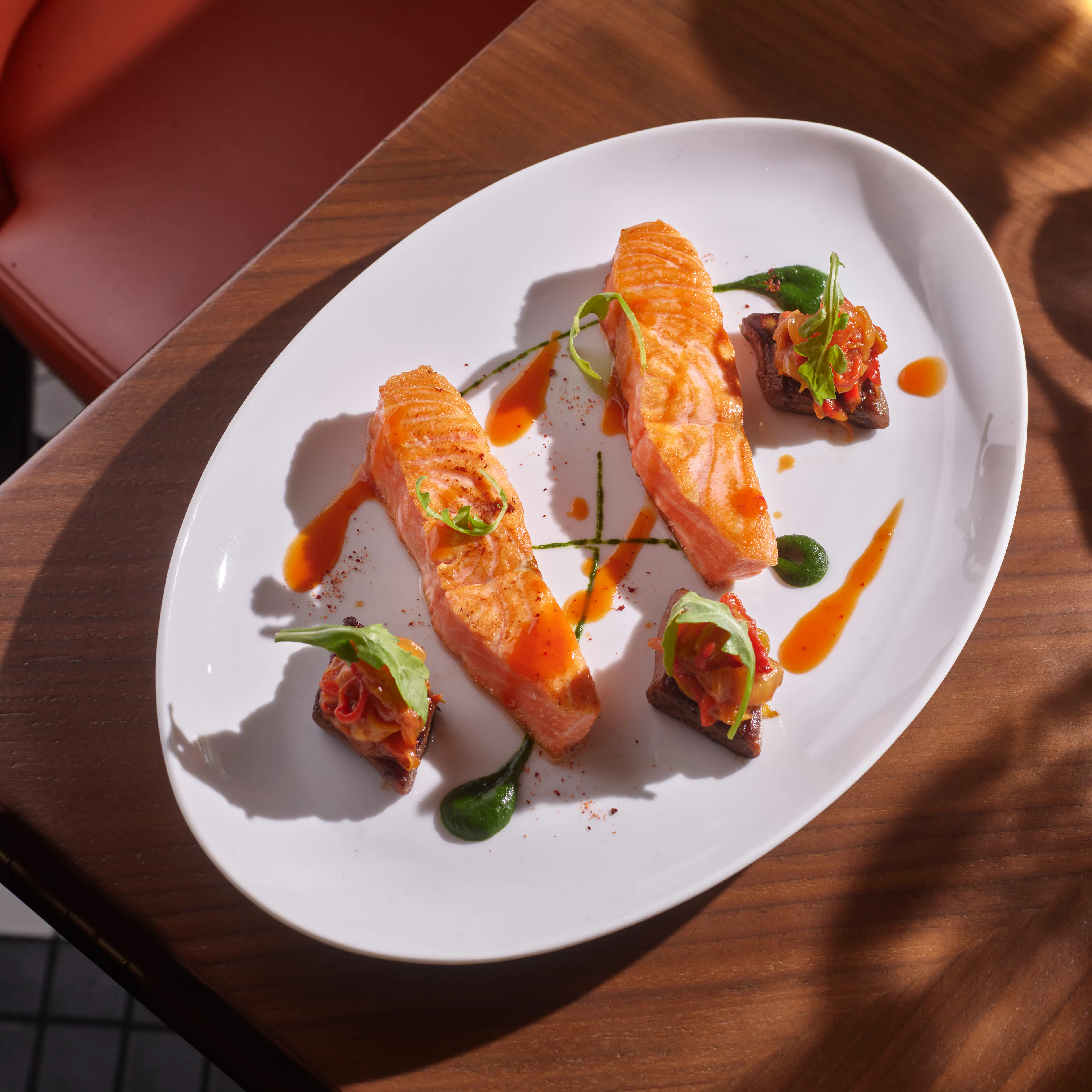 SEA TROUT & PIPERADE at Café Boulud at Maison Barnes roasted Asian eggplant, confit bell pepper, arugula