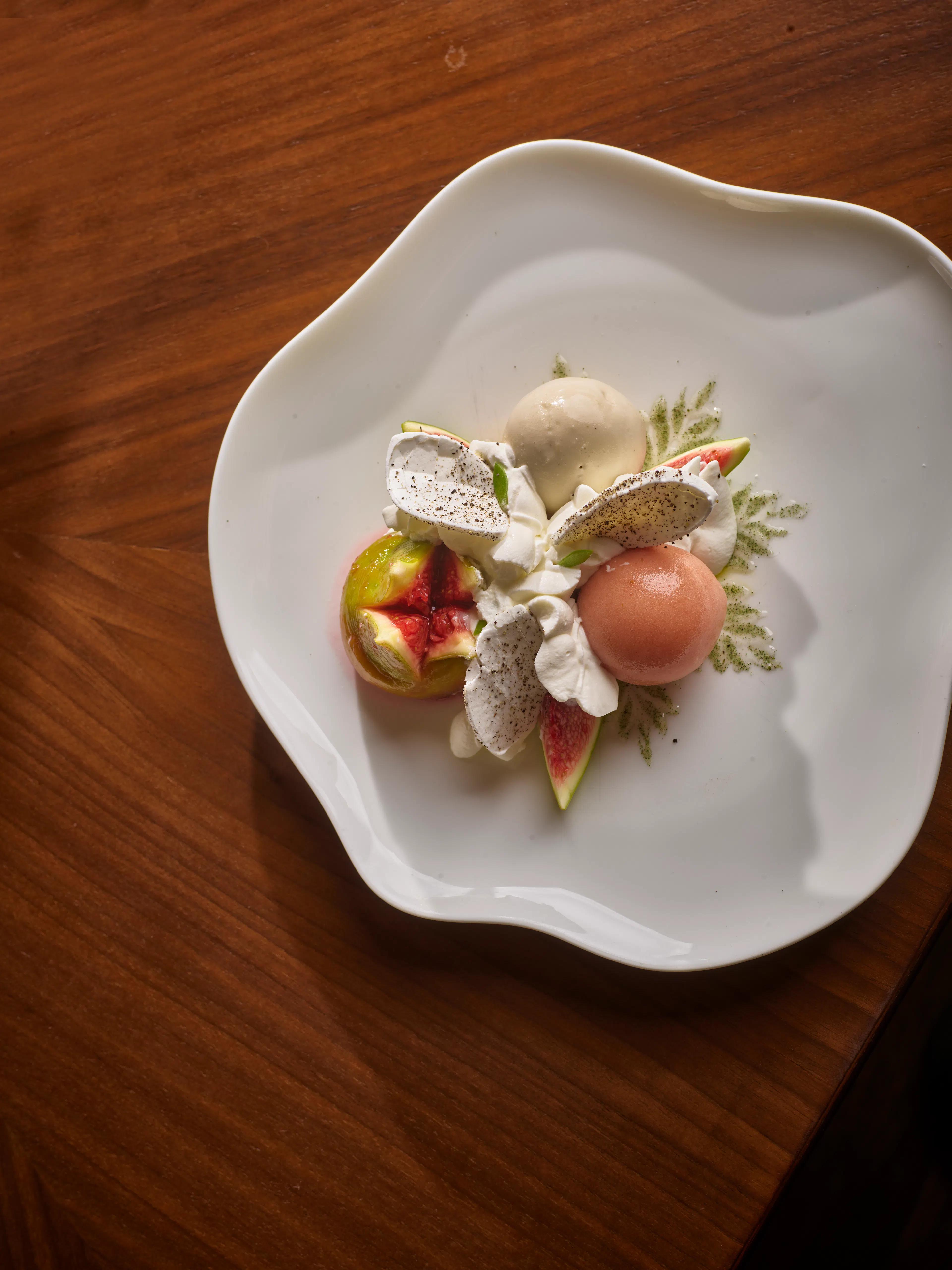 FIG VACHERIN at Café Boulud at Maison BARNES fig sorbet, tonka ice cream, fig leaf chantilly, black peppercorn meringue, fig jam