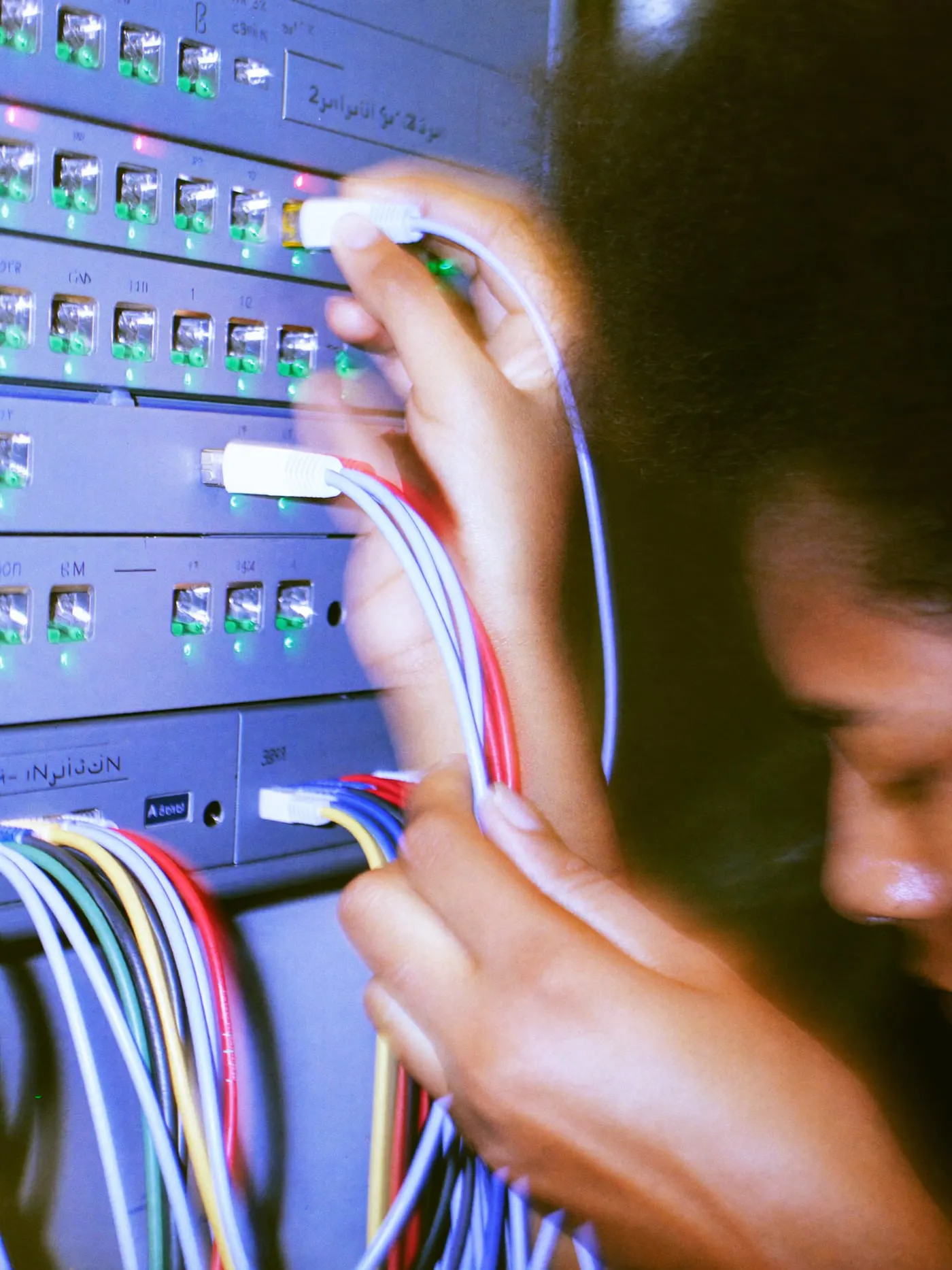 Fingers plugging an ethernet cable into a network switch with glowing status lights