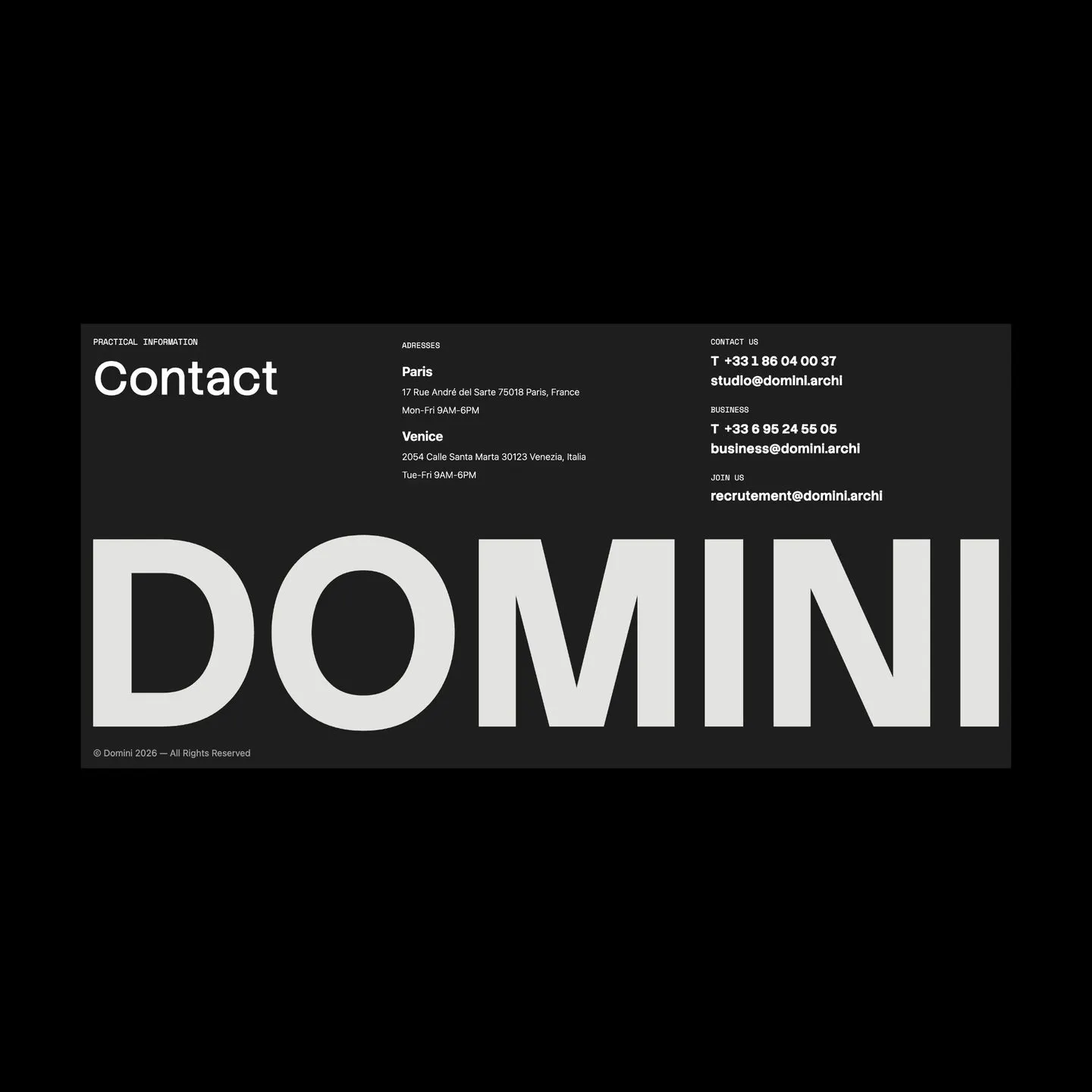 contact page with oversized wordmark