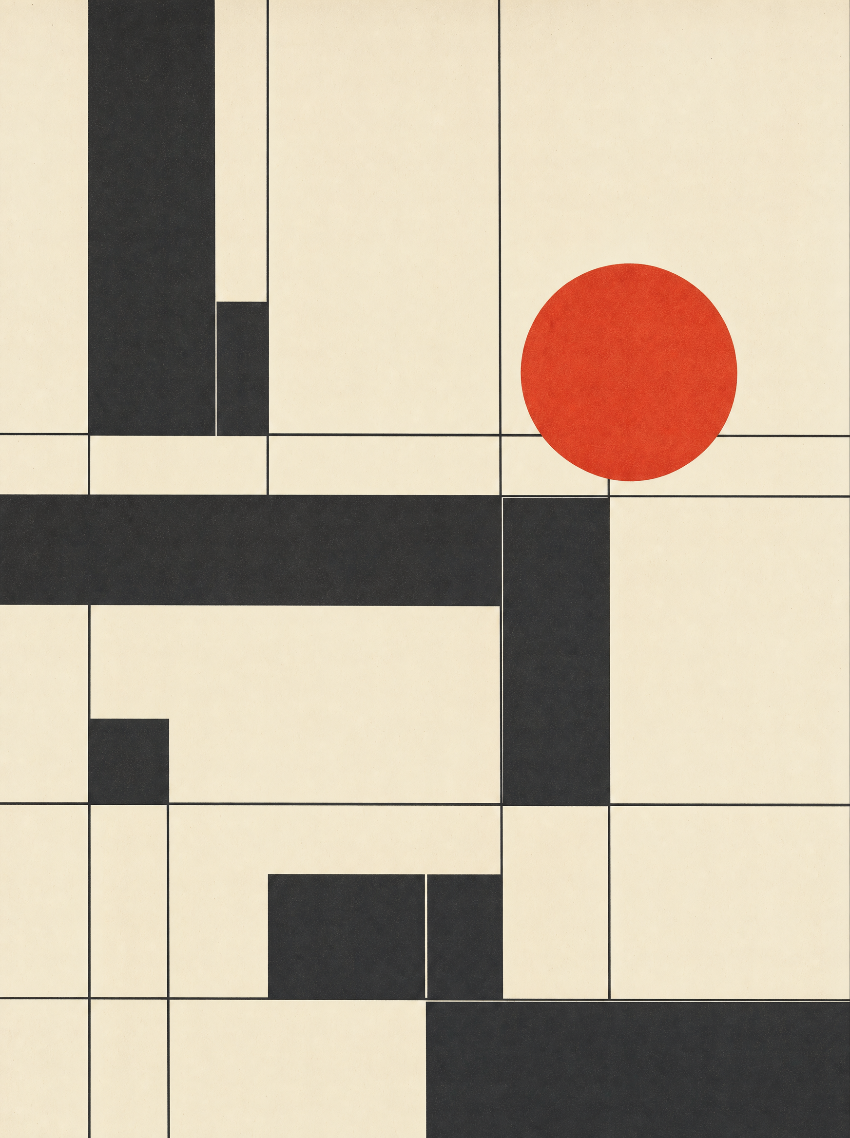 A geometric composition of intersecting grid lines and charcoal rectangles, broken by one vermilion circle.