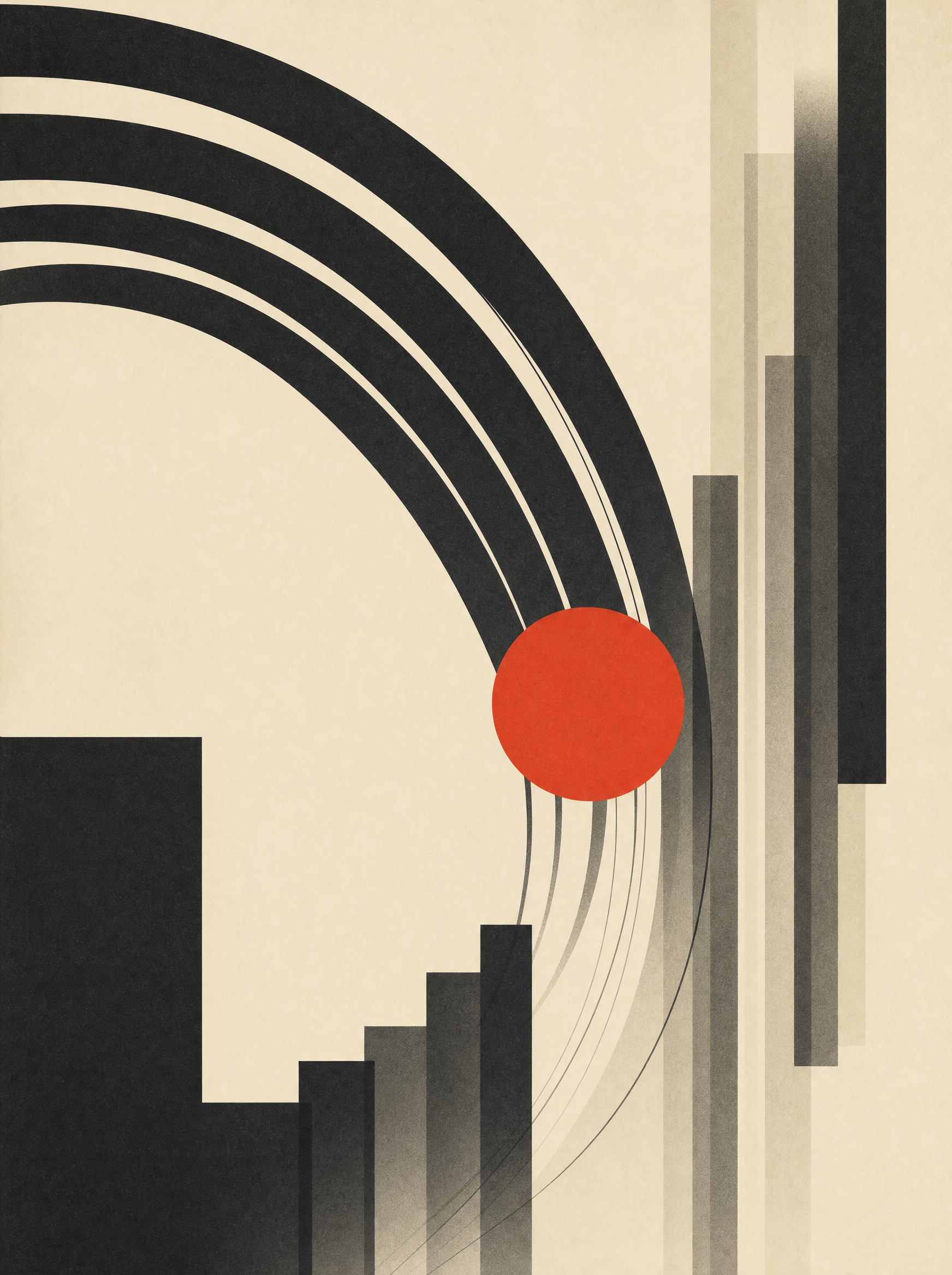 A geometric composition of a sweeping arc and staggered bars implying motion, with one vermilion circle mid-travel.