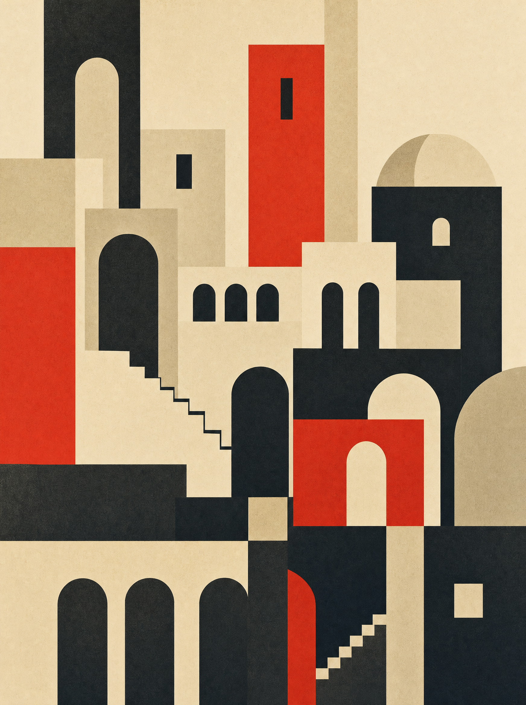 A geometric cityscape of stacked rectangles and arches in ivory and charcoal with vermilion accent panels.