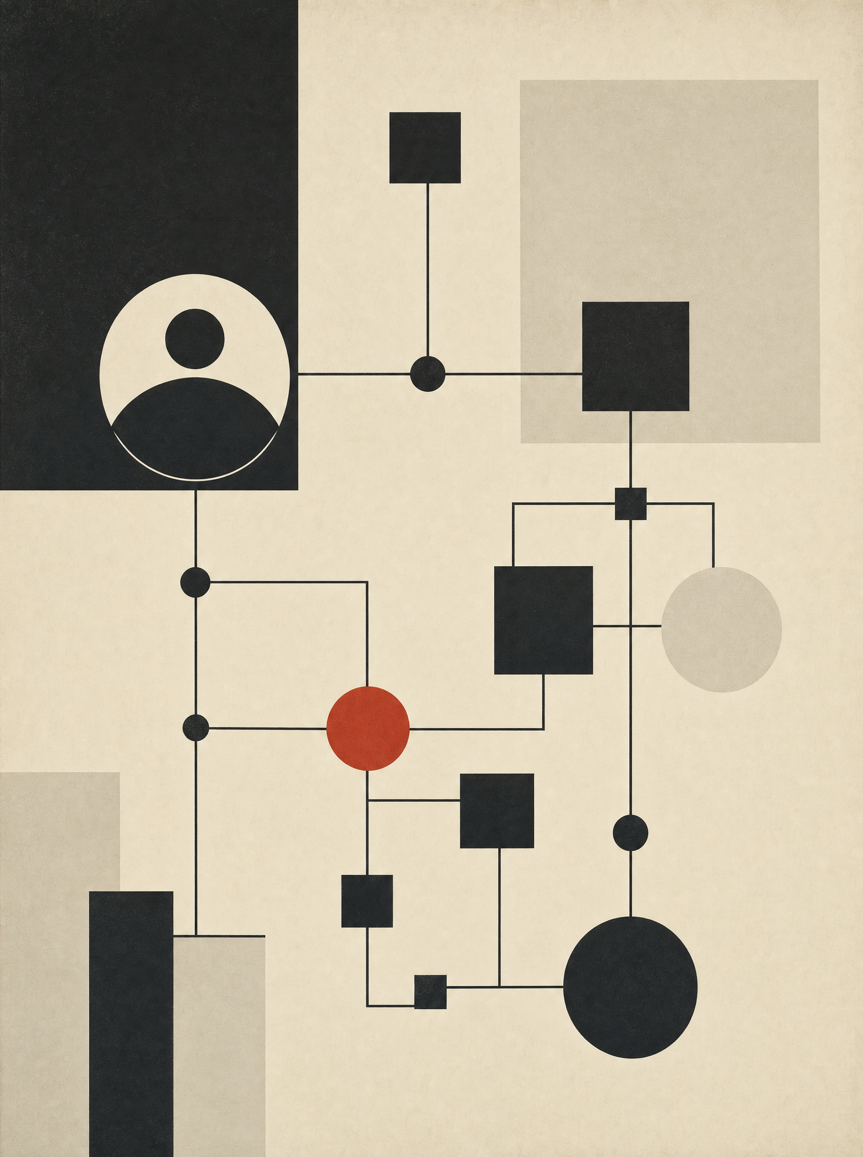 A geometric network of circles and squares joined by thin lines, with one human-round form and a vermilion node.