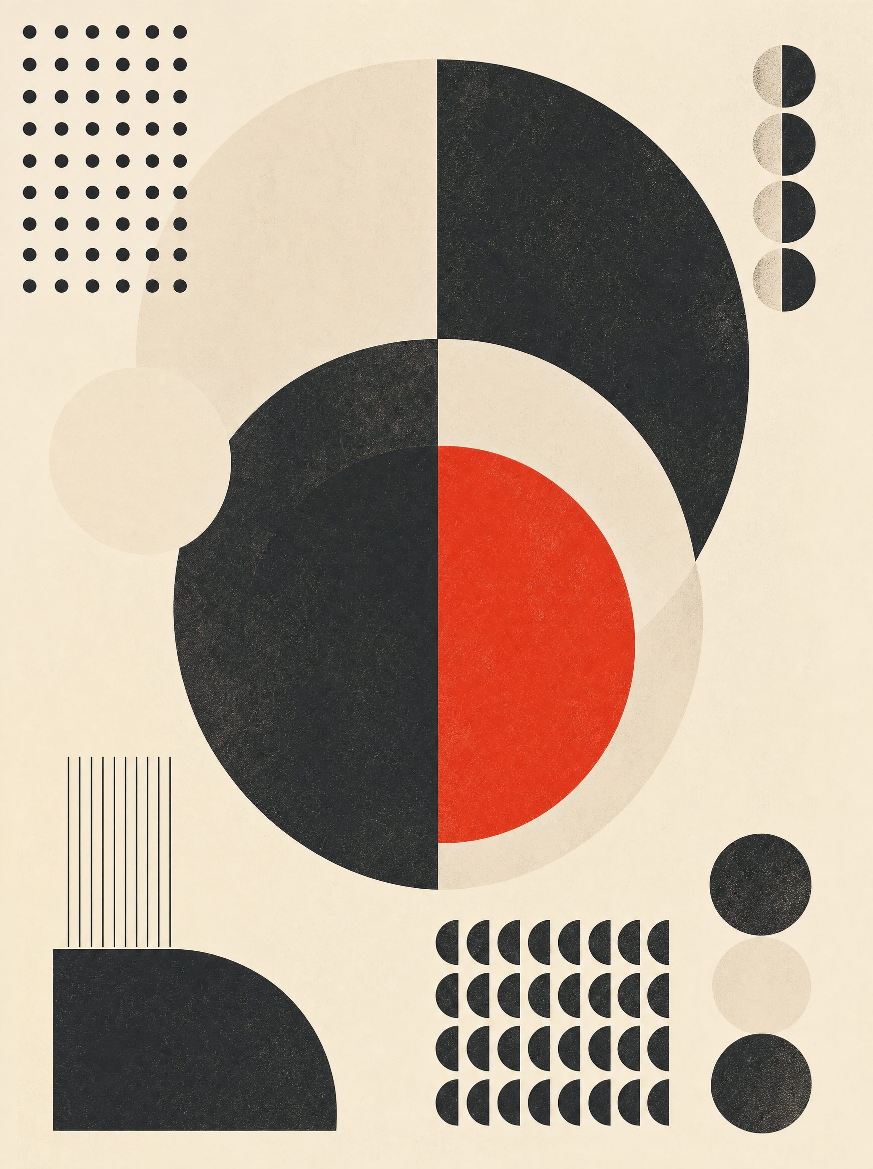A geometric system of overlapping circles and repeating modular marks on a grid, anchored by one vermilion shape.