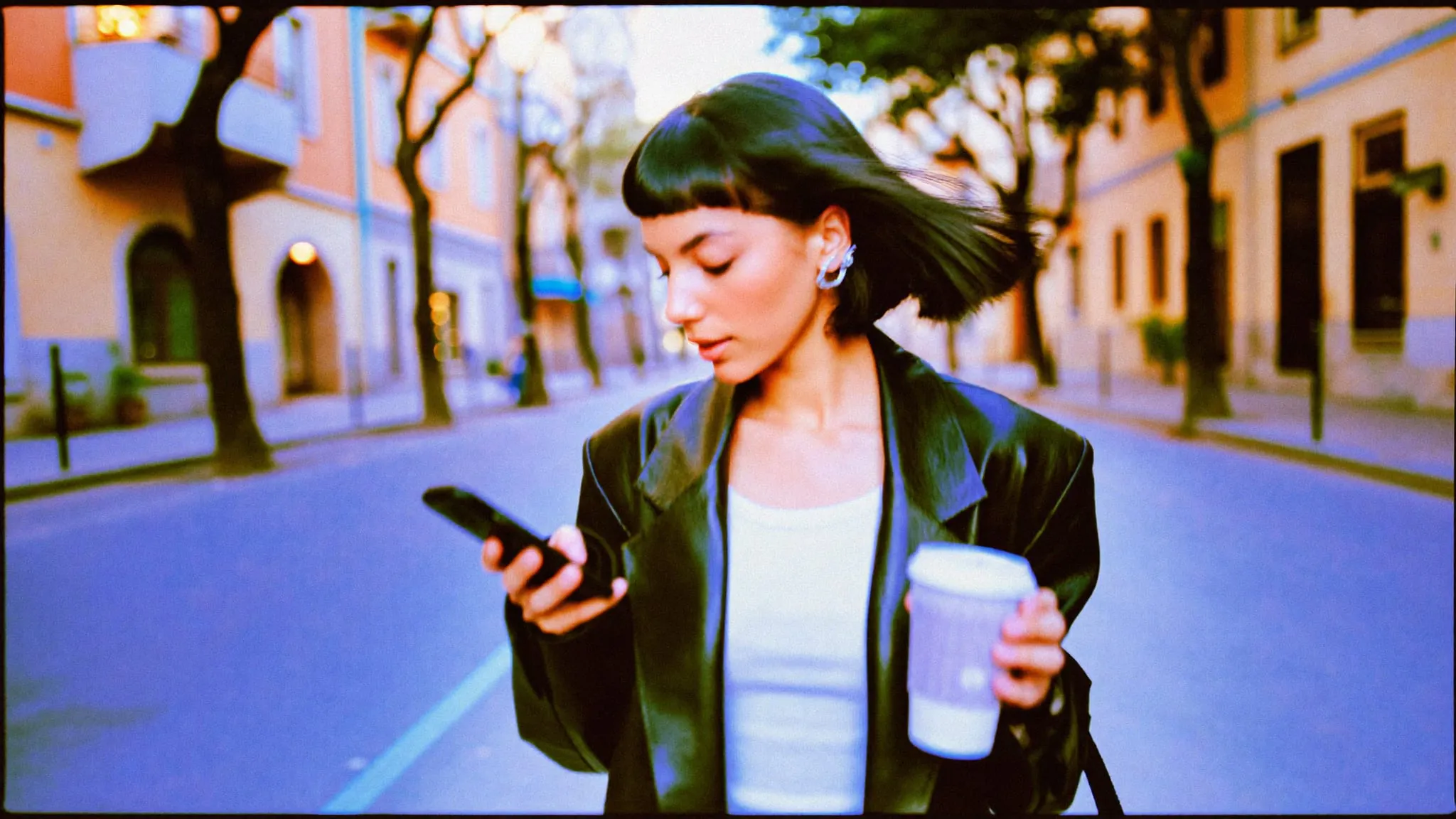 A young woman with a black bob walking down a Zamalek street at dusk, phone in one hand, coffee in the other