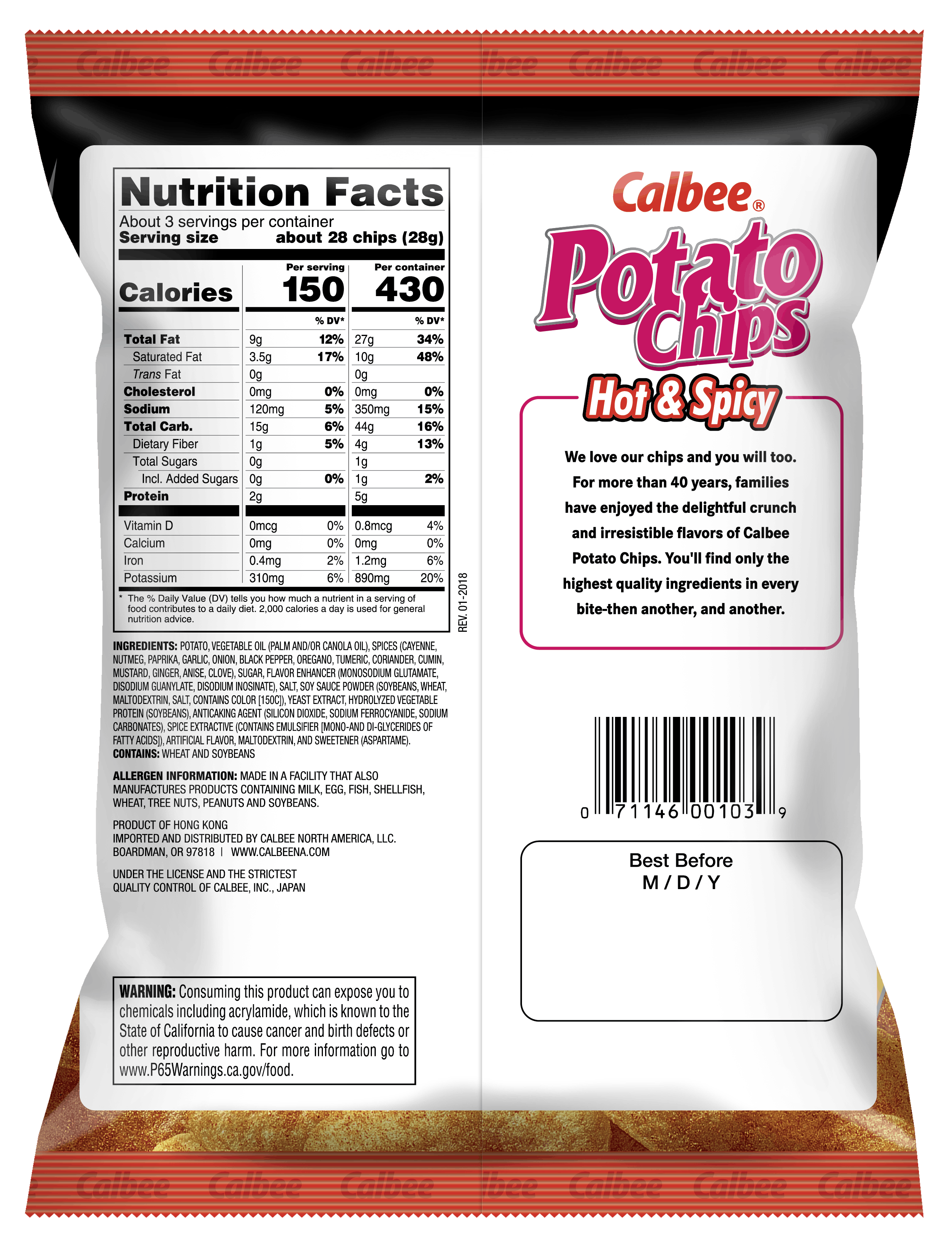 Calbee Potato Chips - Hot & Spicy - Back of Bag