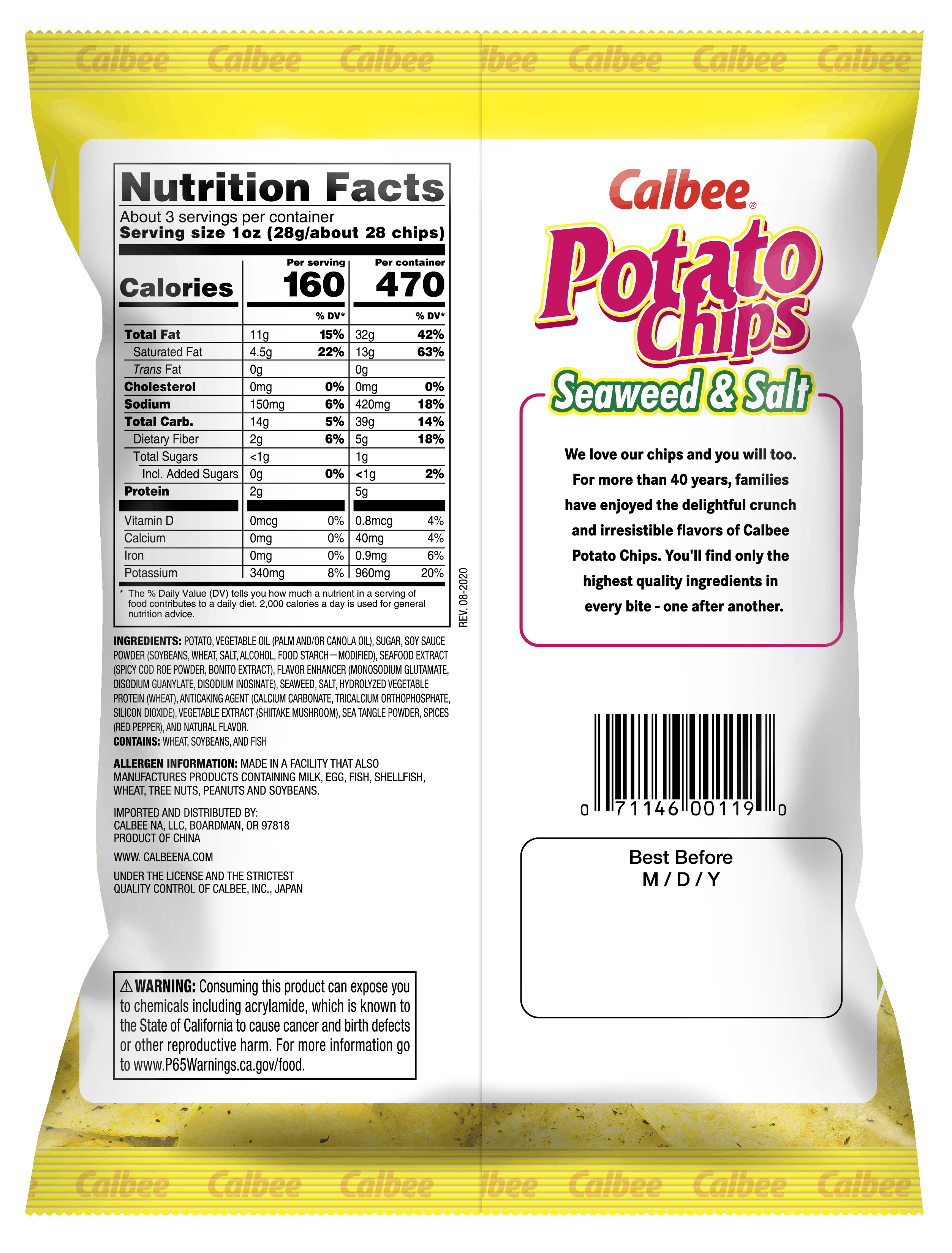 Calbee Potato Chips - Seaweed & Salt - Back of Bag