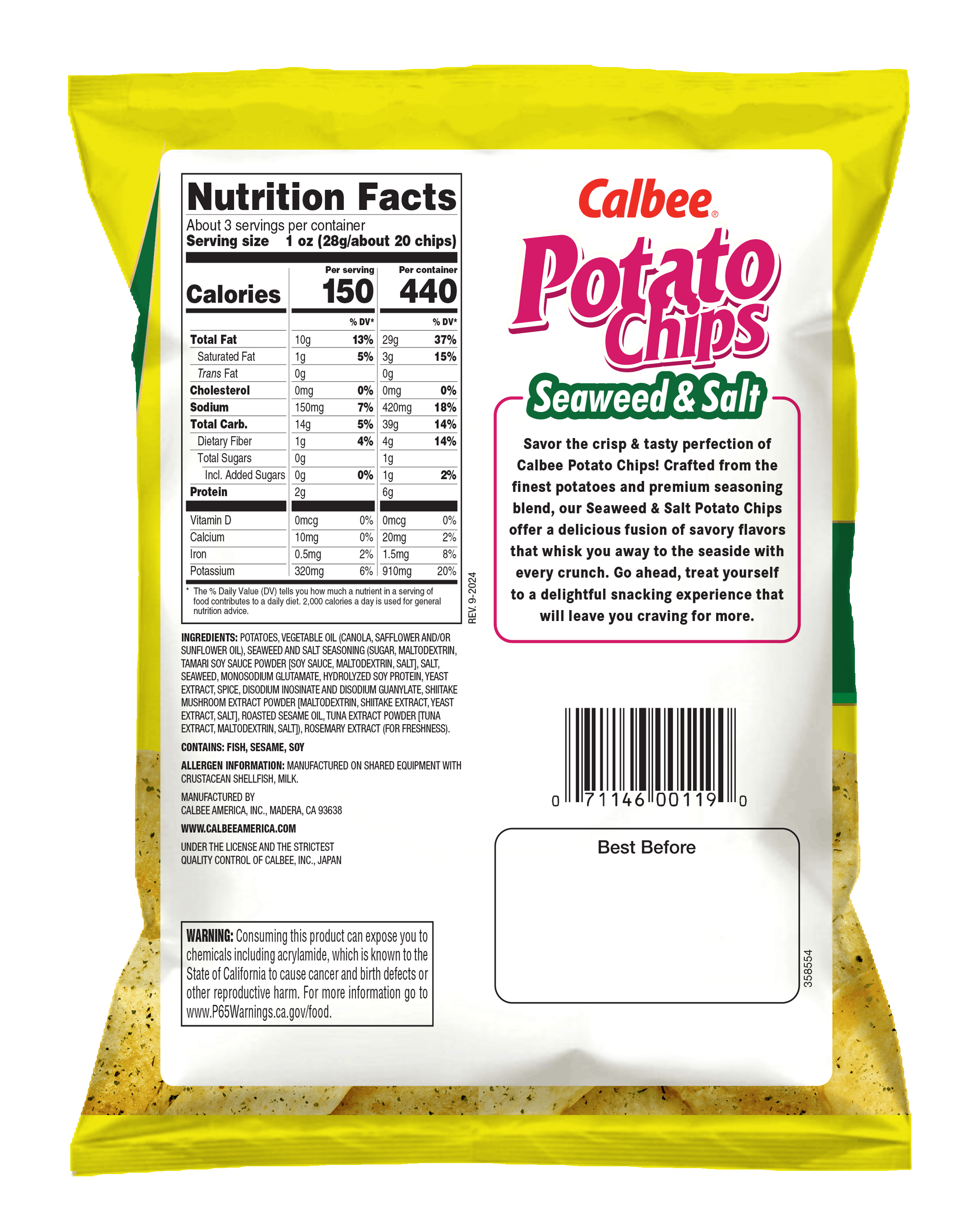 Calbee Potato Chips - Seaweed & Salt - Back of Bag