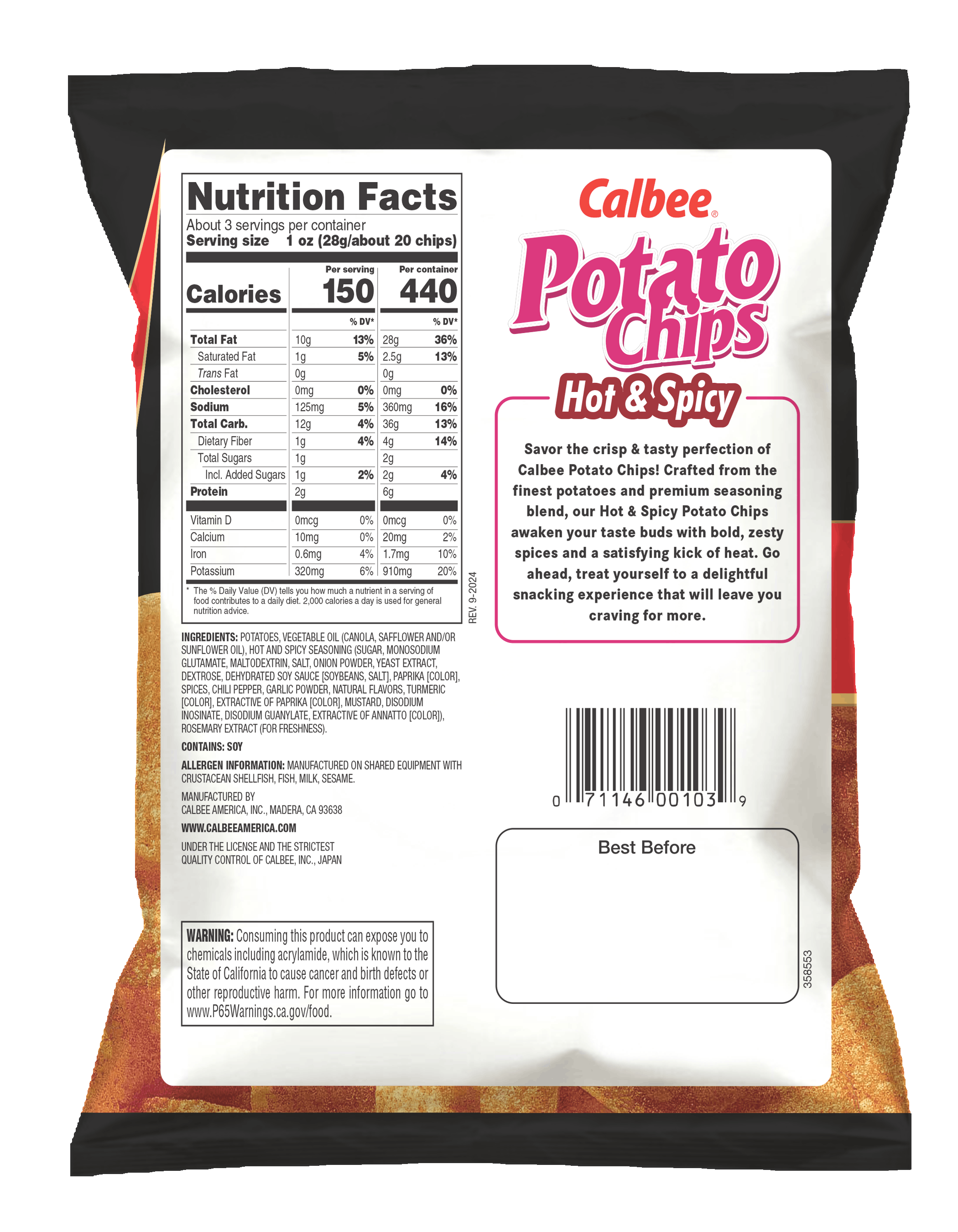 Calbee Potato Chips - Hot & Spicy - Back of Bag