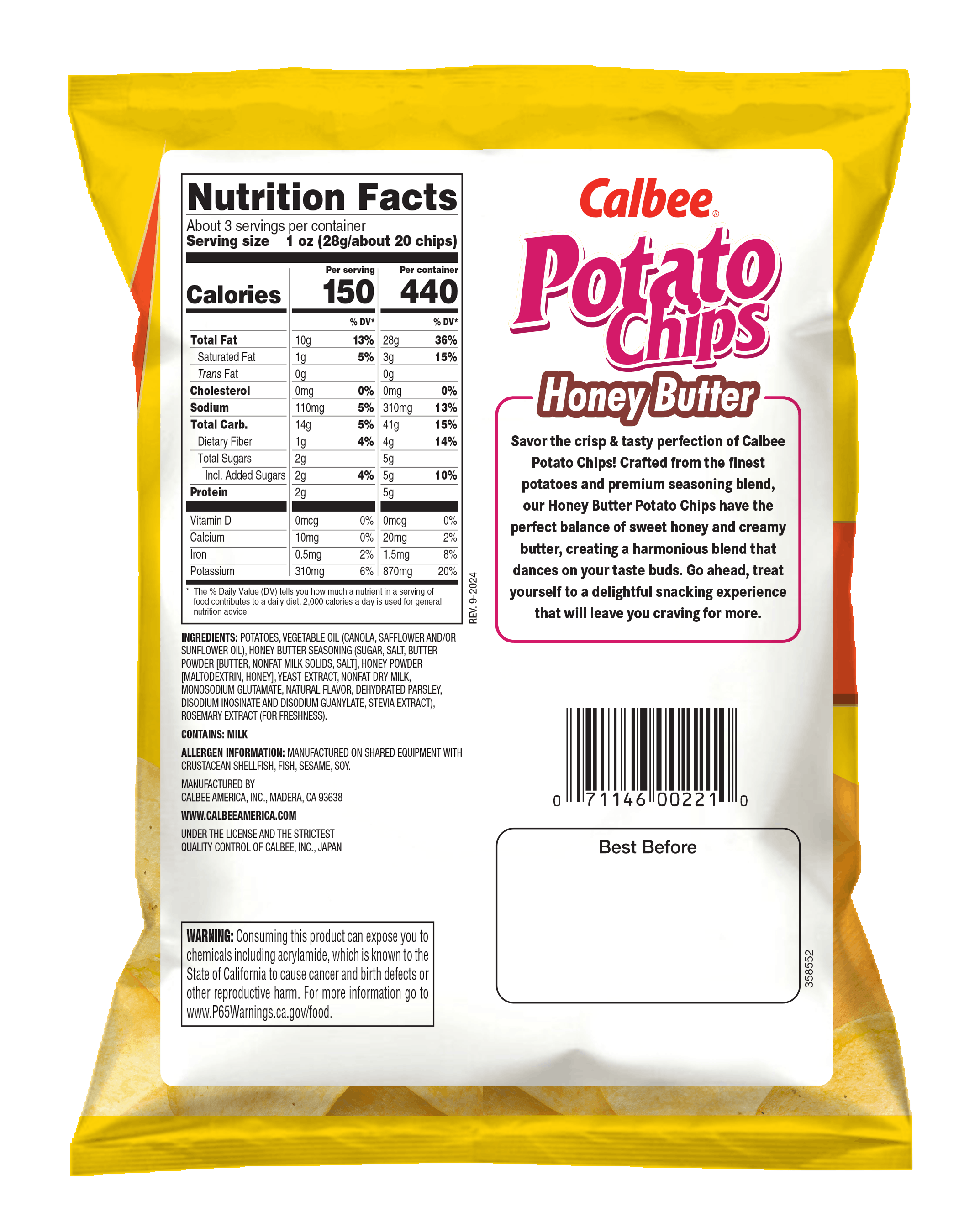 Calbee Potato Chips - Honey Butter - Back of Bag