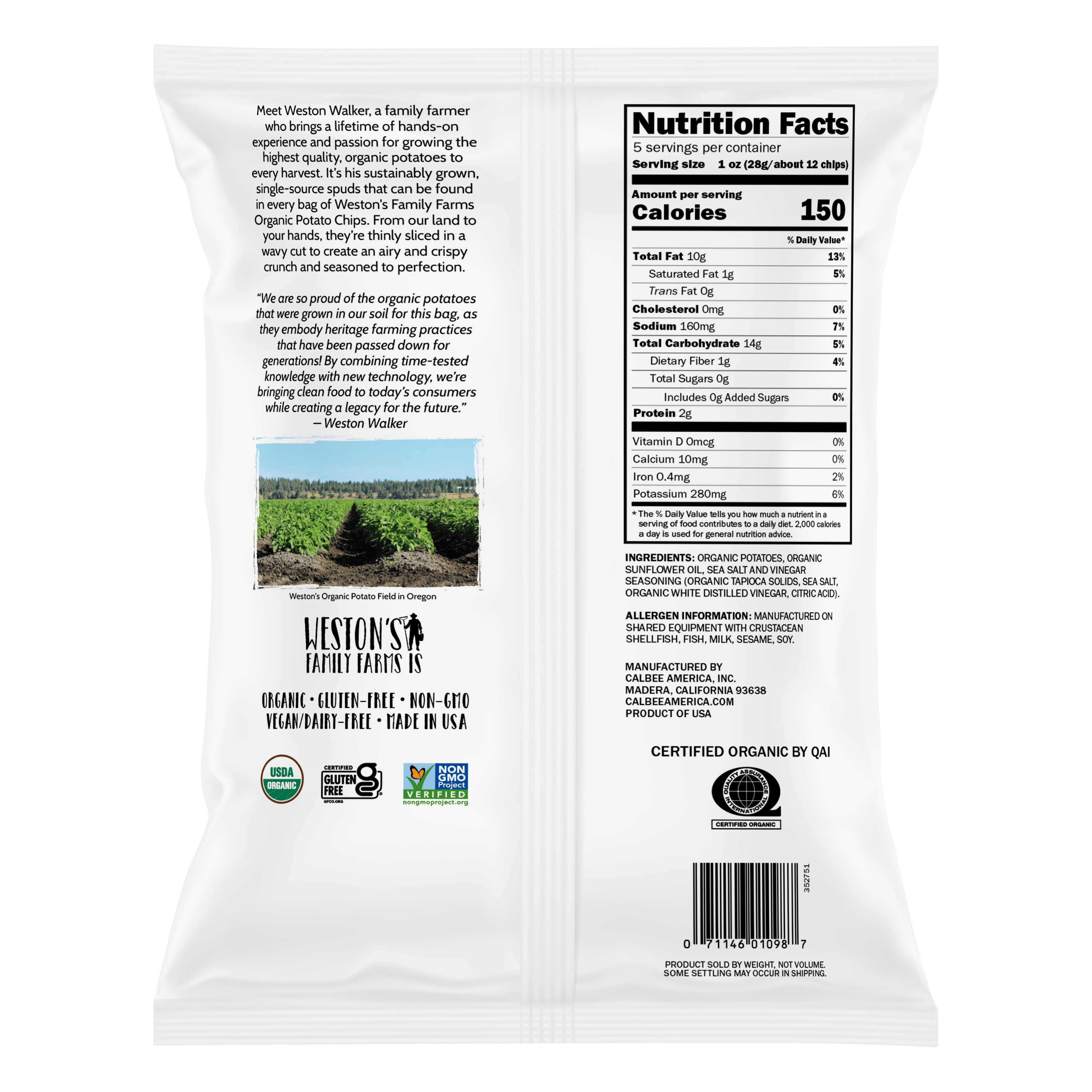 Weston's Family Farms Organic Sea Salt and Vinegar Potato Chips - Back of Bag