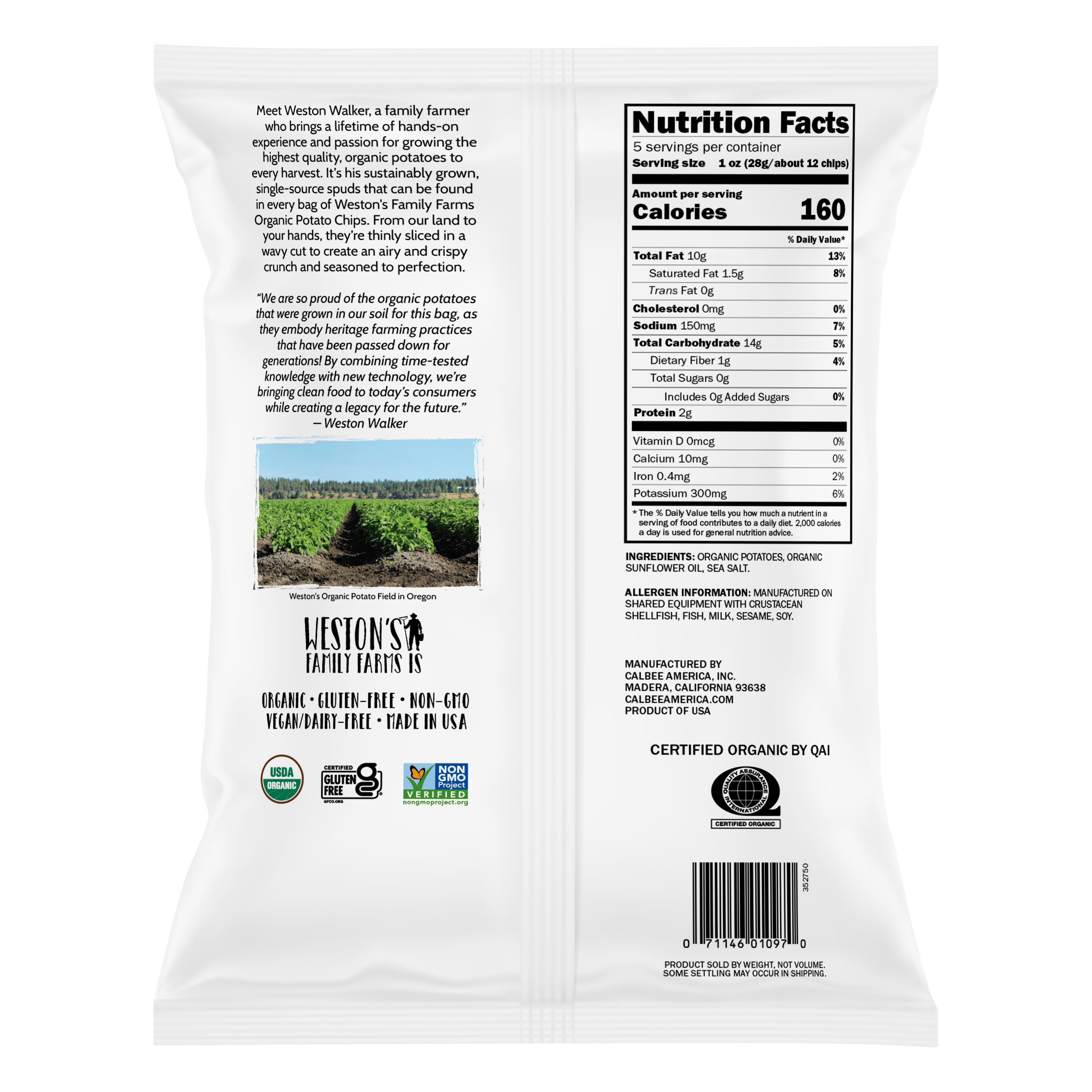 Weston's Family Farms Organic Sea Salt Potato Chips - Back of Bag