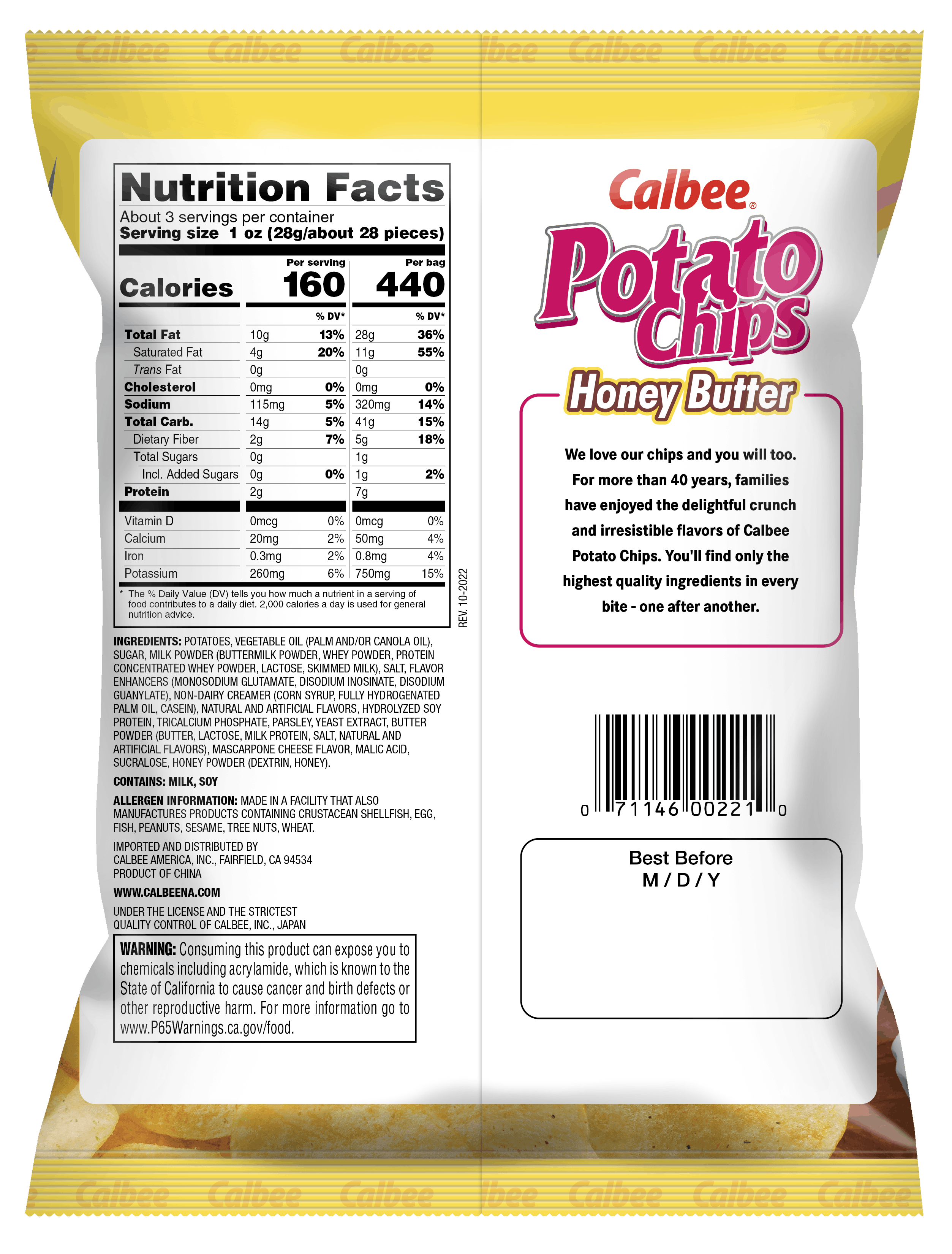 Calbee Potato Chips - Honey Butter Potato Chips - Back of Bag