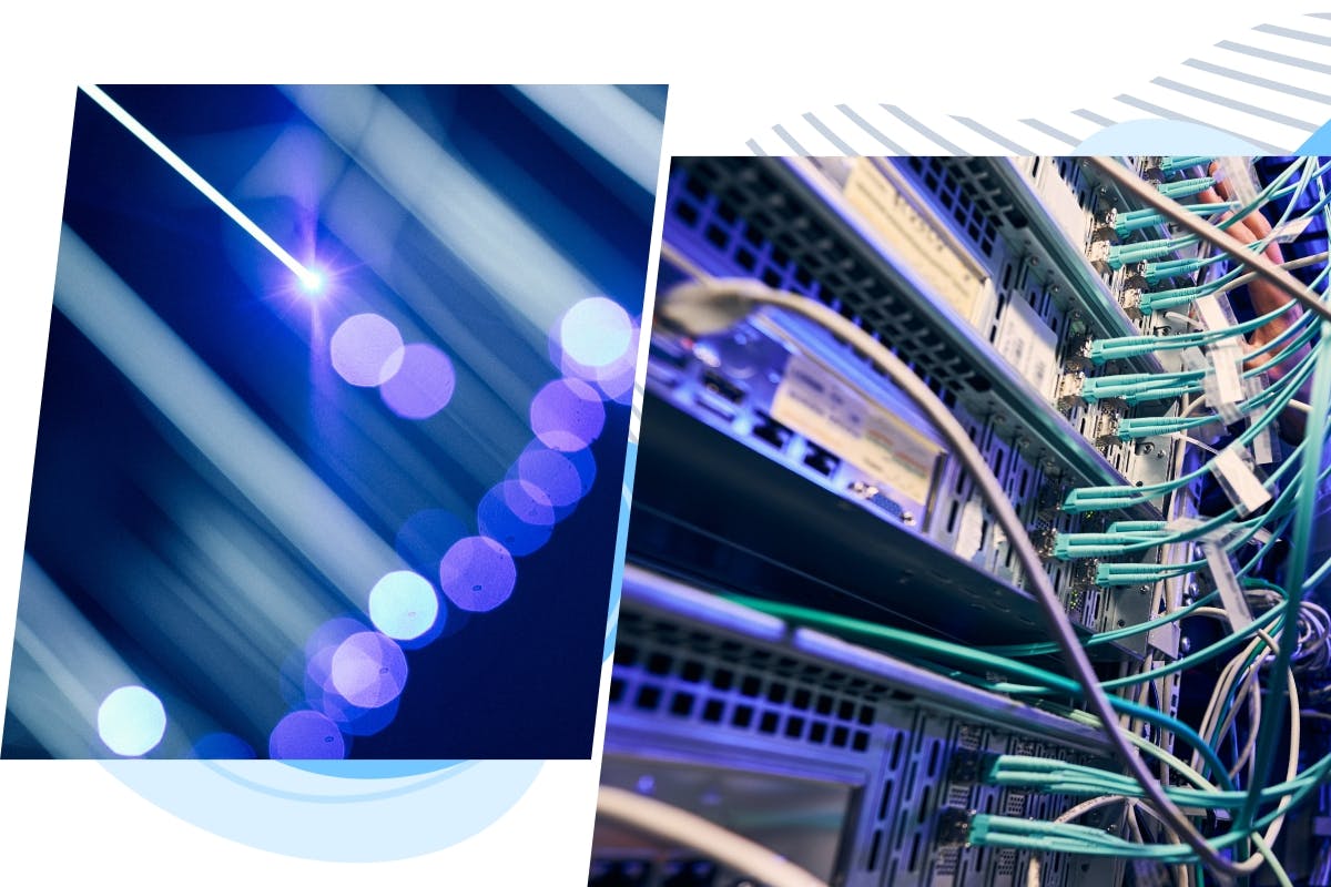 two images side-by-side, with de-focused fiber optic cables and a server rack with cables plugged in