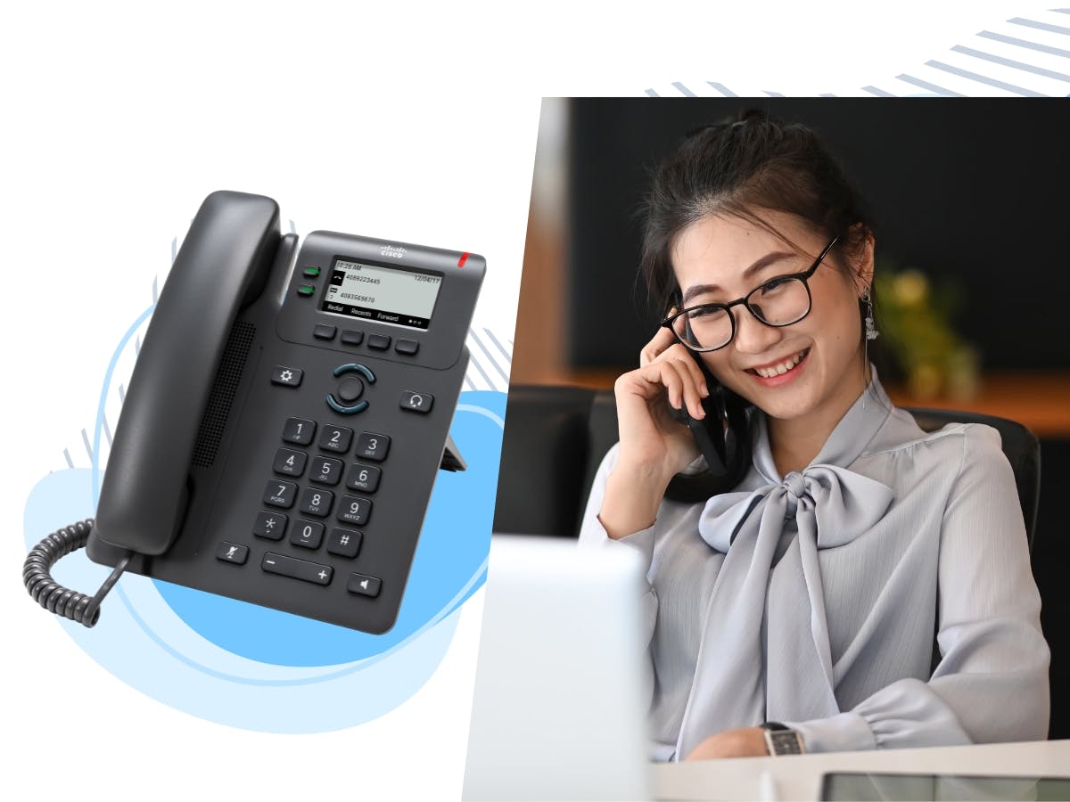 a VoIP Phone with a business woman on the phone