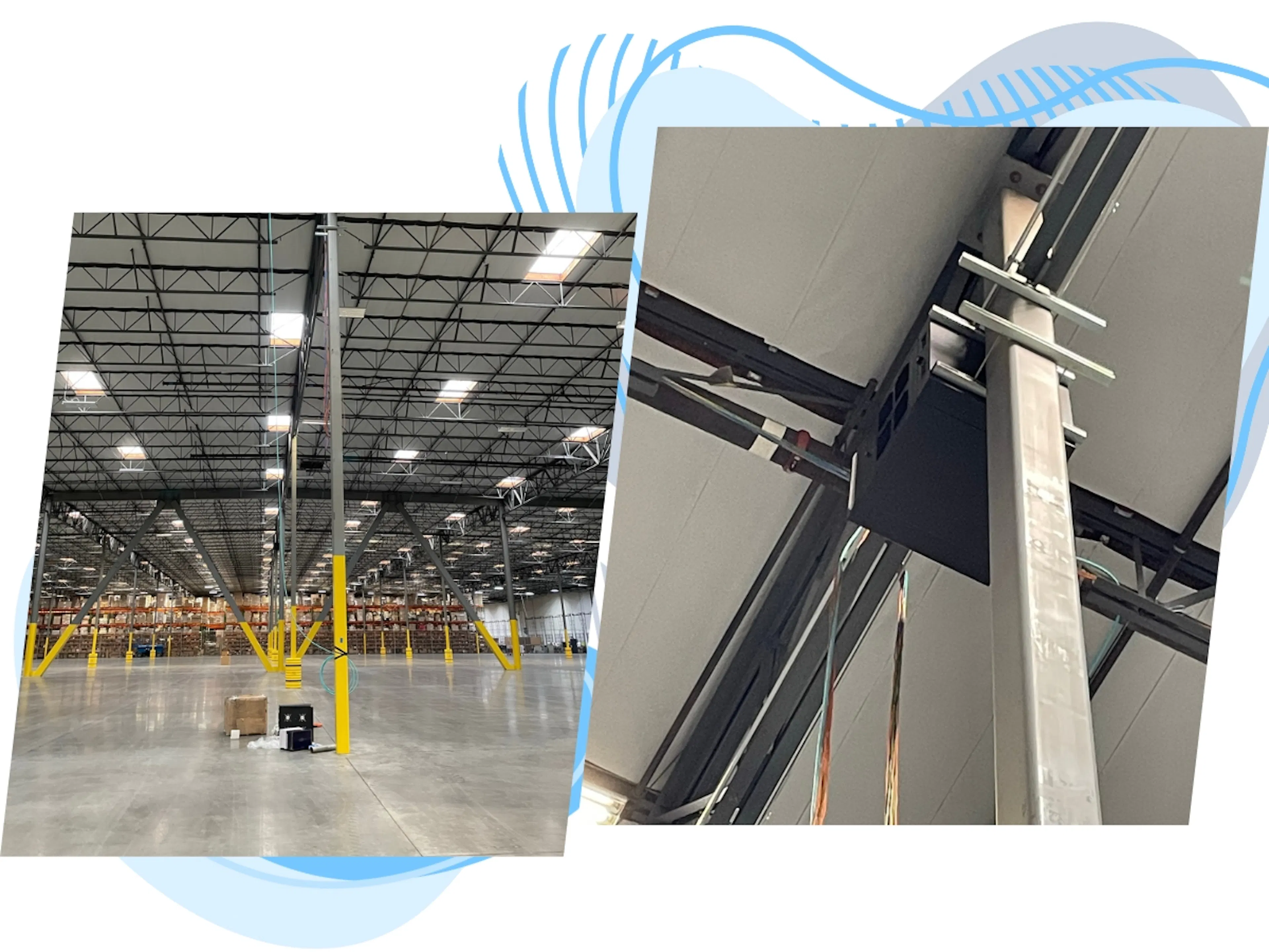 Two examples of warehouse data cabling installed and hung securely.