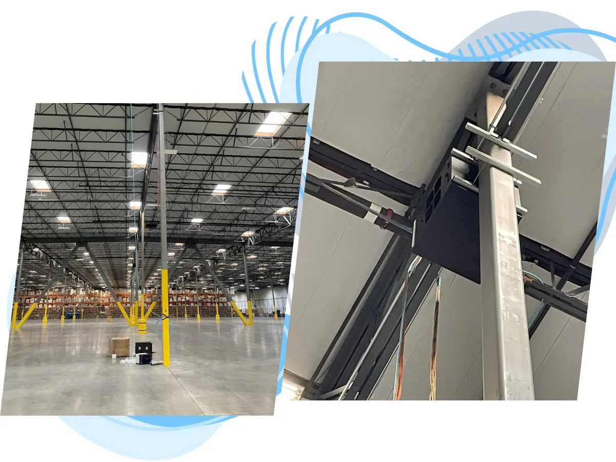 Two examples of warehouse data cabling installed and hung securely.