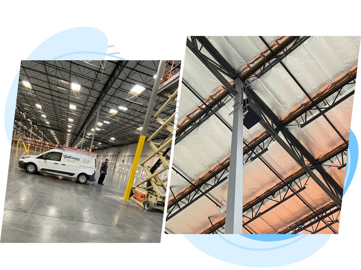 two photos side by side featuring a Calcomm employee next to a scissor lift in a warehouse and a close up shot looking up towards a cable housing installed on the ceiling