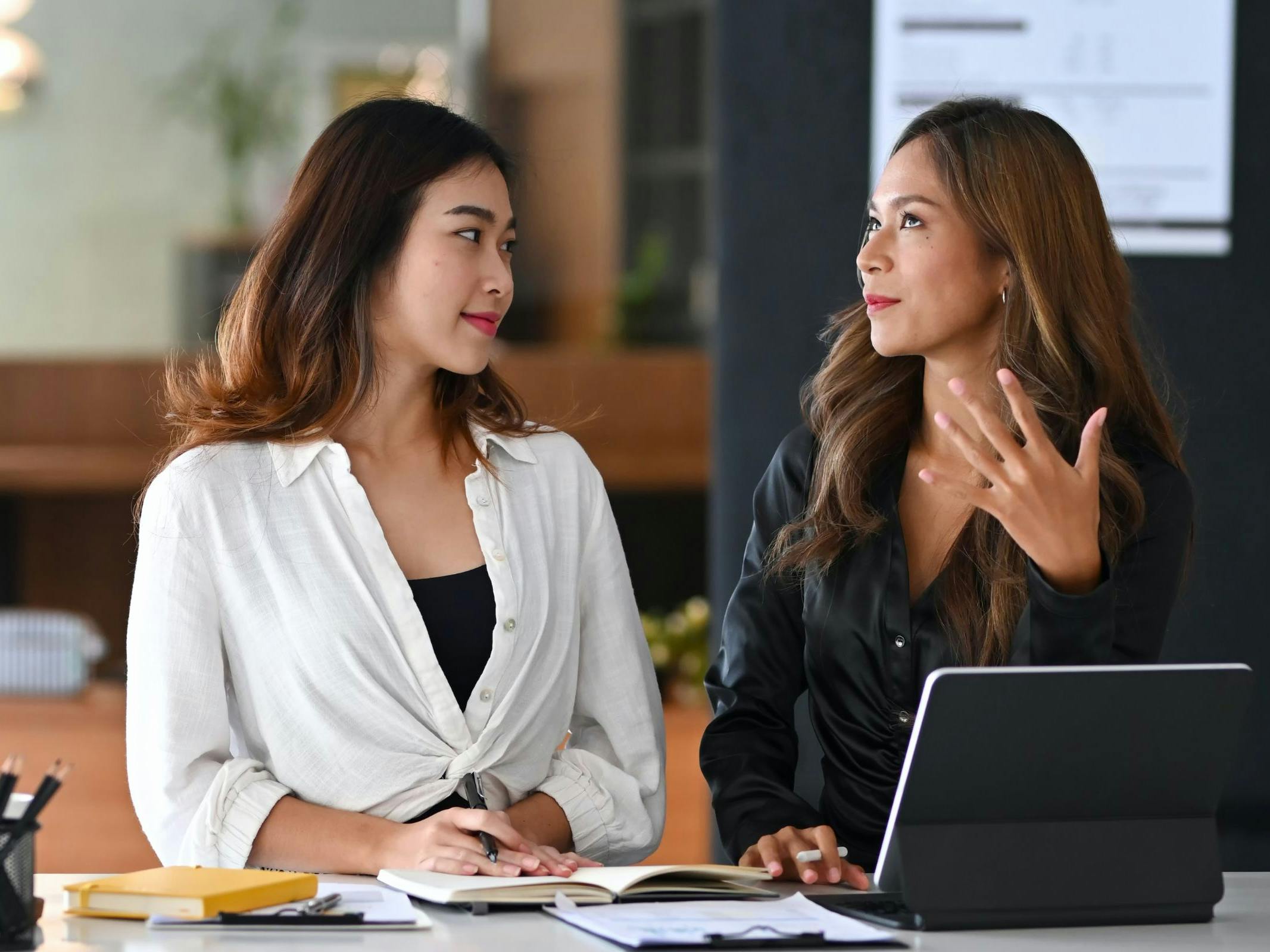 two professional women in a meeting at a desk and computer in a business office