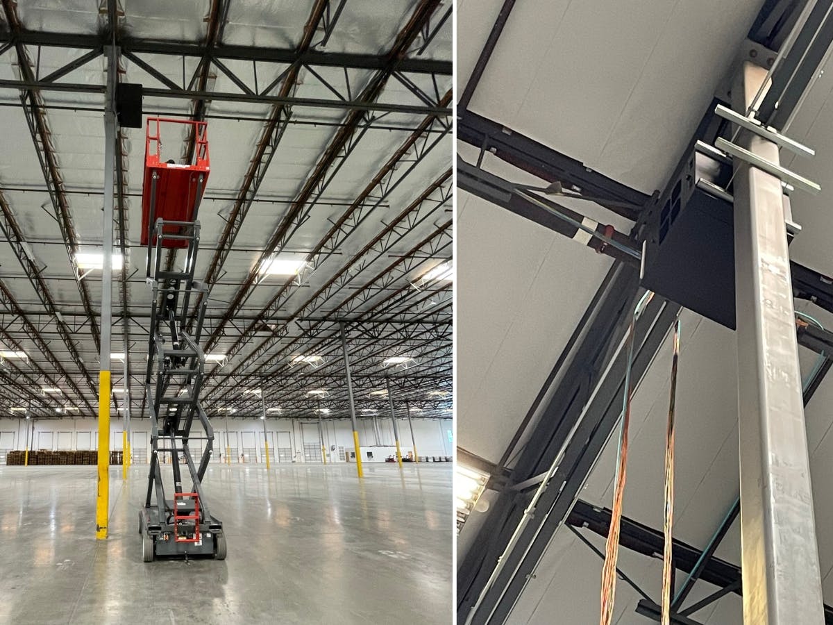 Two examples of warehouse data cabling are installed and hung securely.
