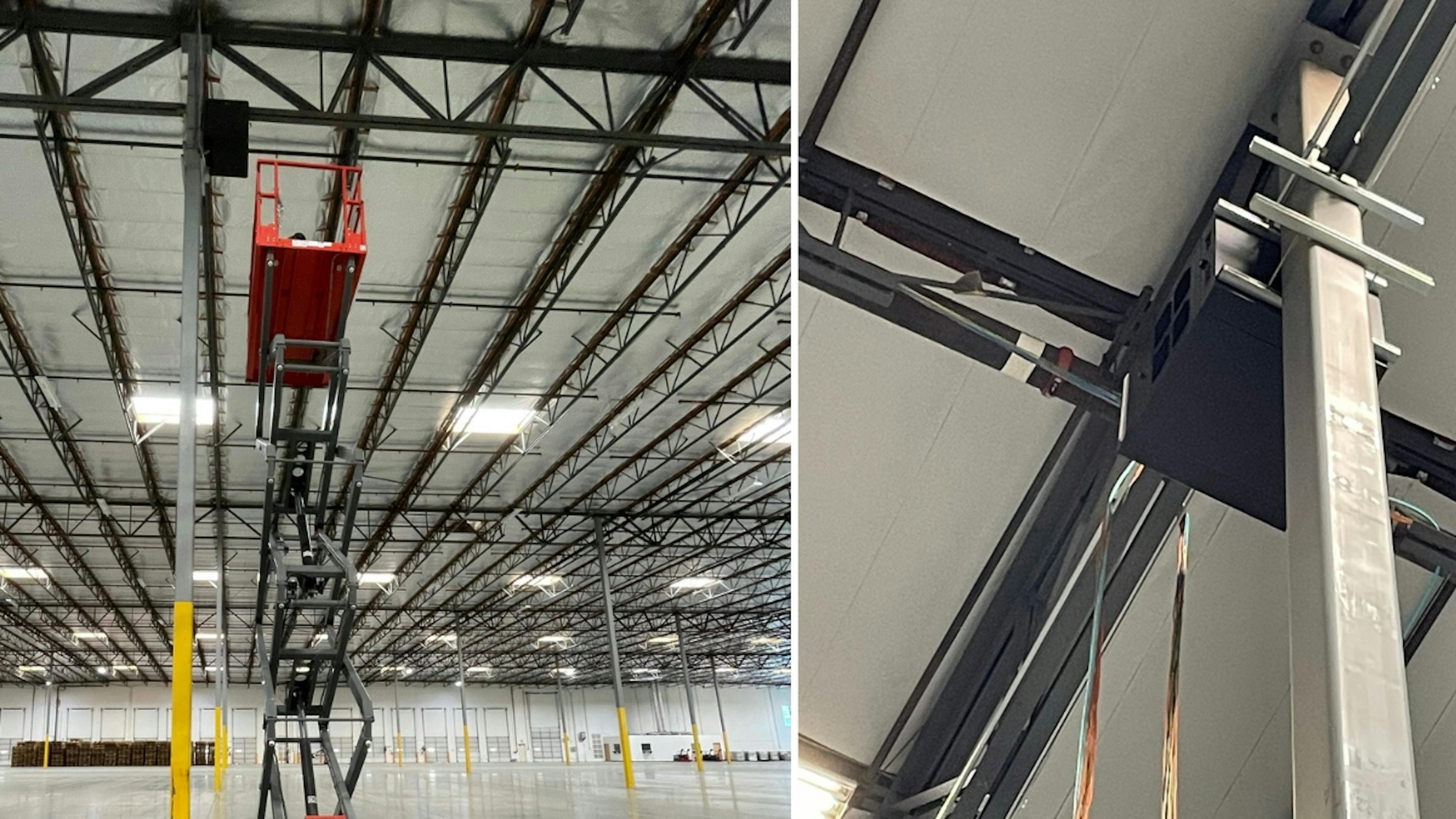 Two examples of warehouse data cabling are installed and hung securely.