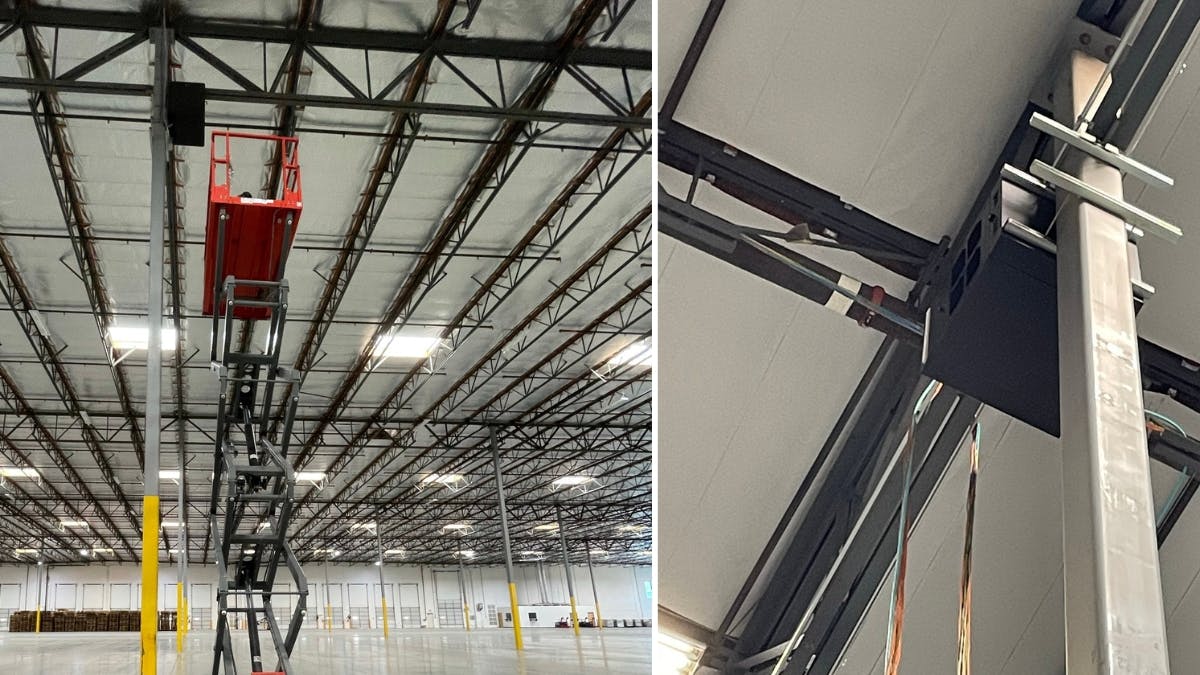 Two examples of warehouse data cabling are installed and hung securely.