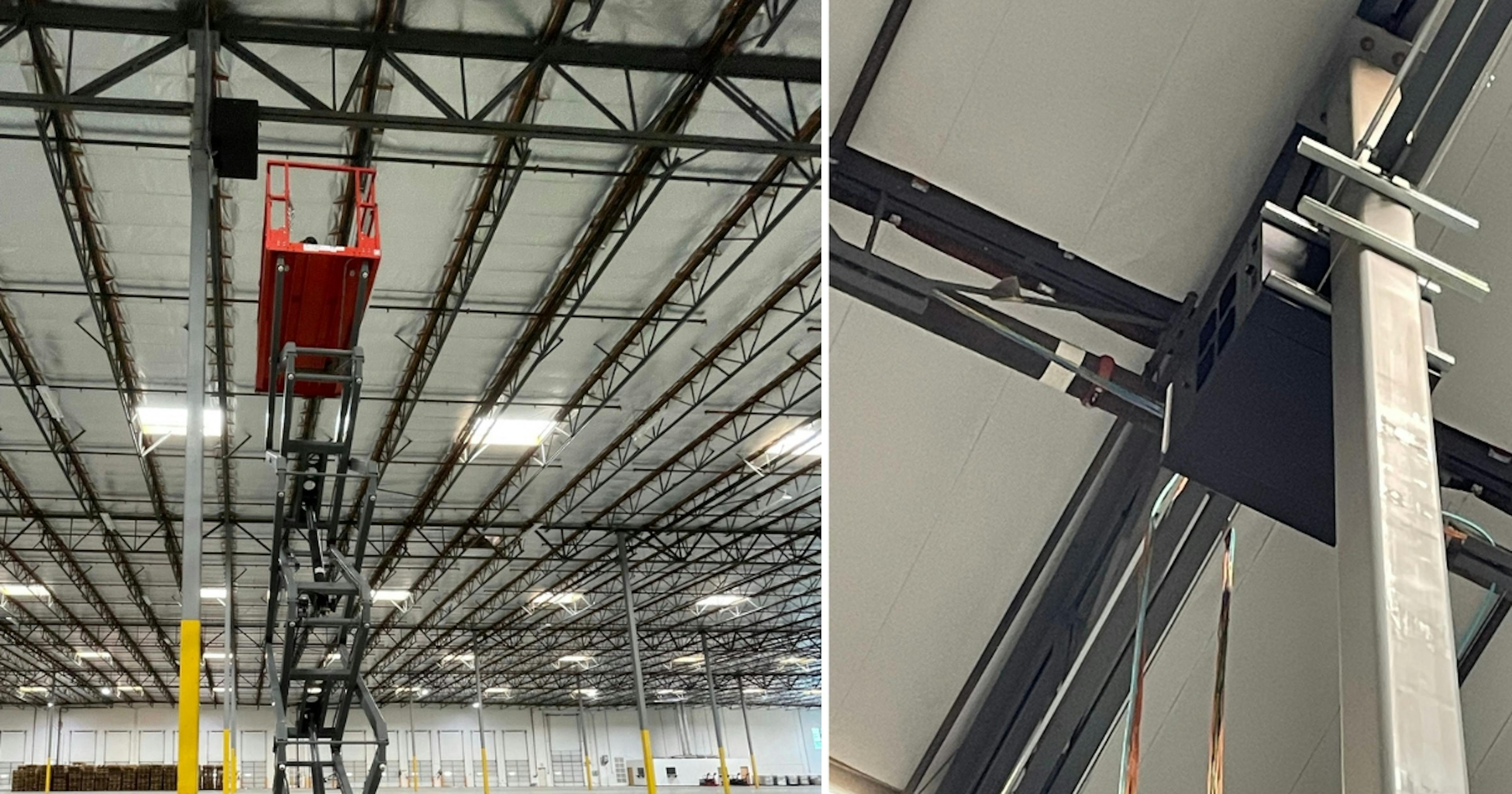 Two examples of warehouse data cabling are installed and hung securely.