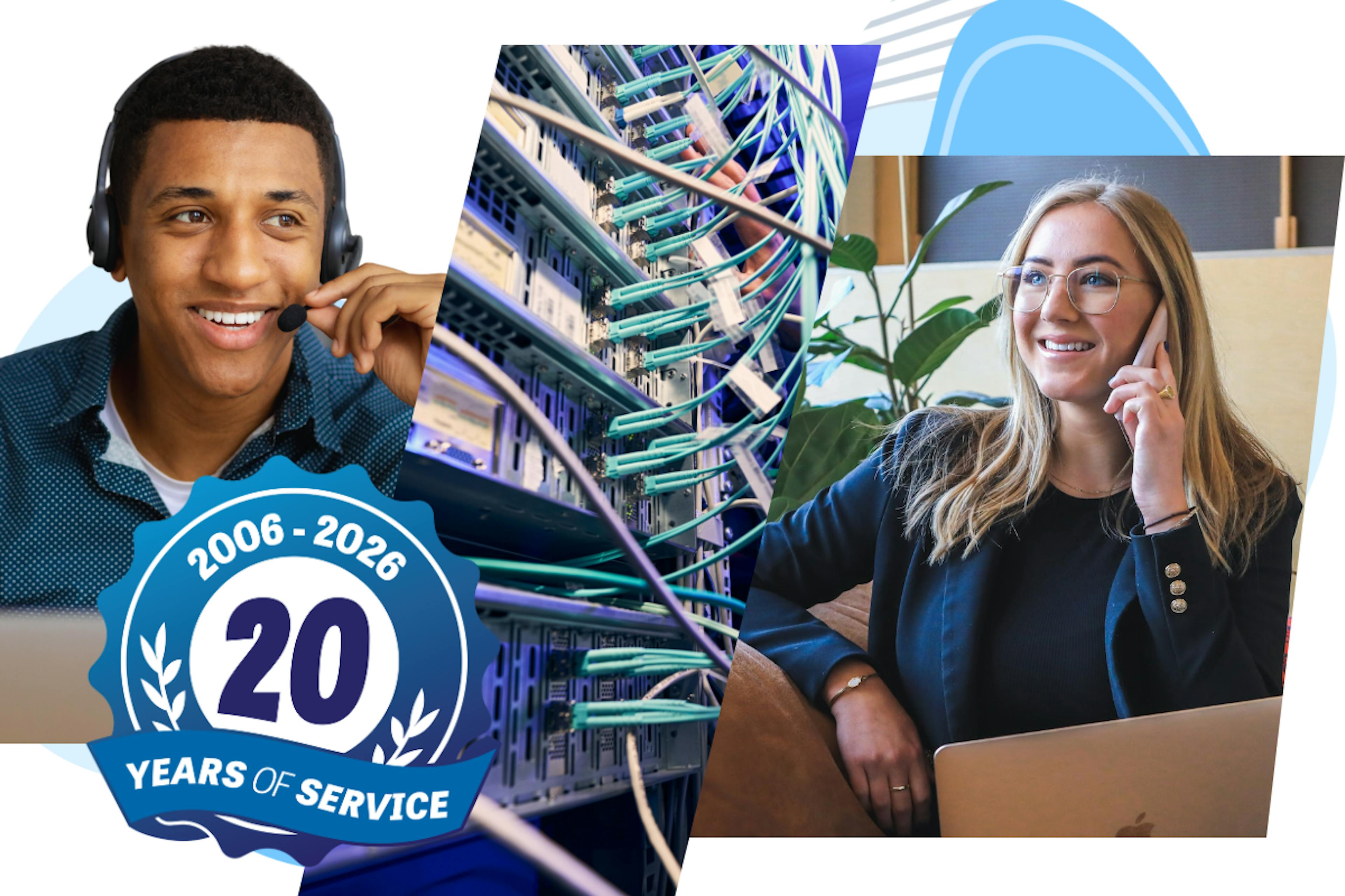 A collage of 2 people talking via business phones and a server with cables connecting fiber optic lines.