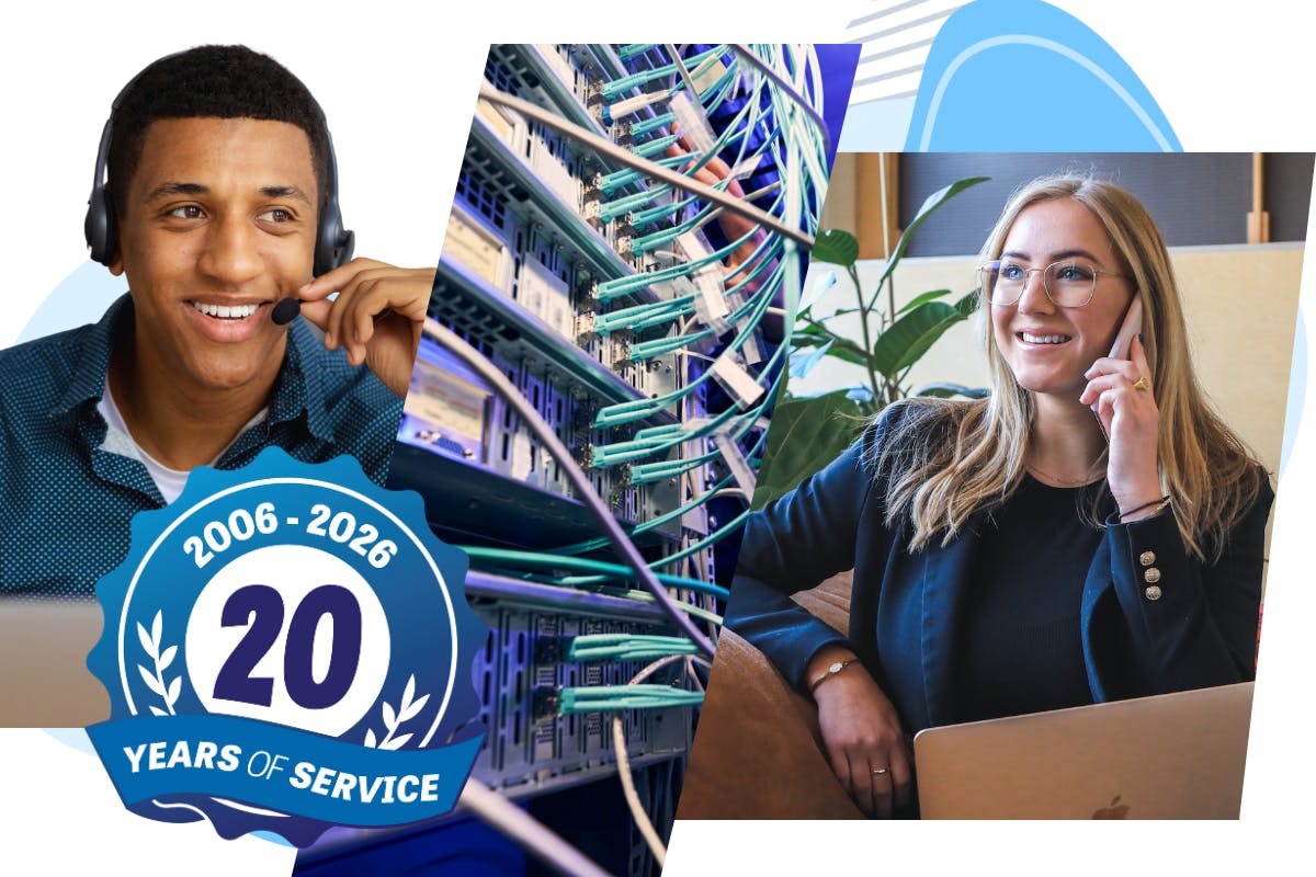 A collage of 2 people talking via business phones and a server with cables connecting fiber optic lines.