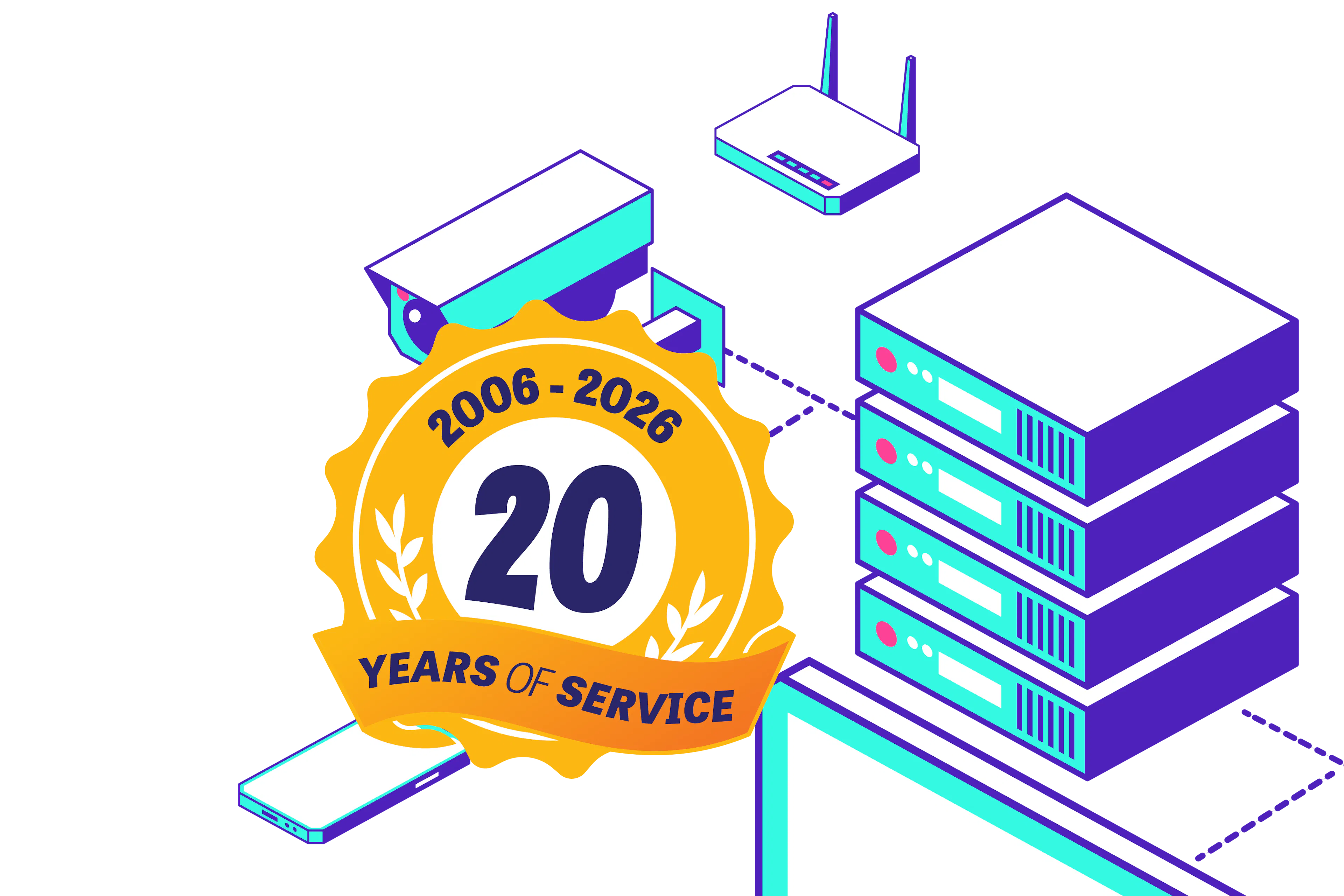 20th anniversary badge over server equipment