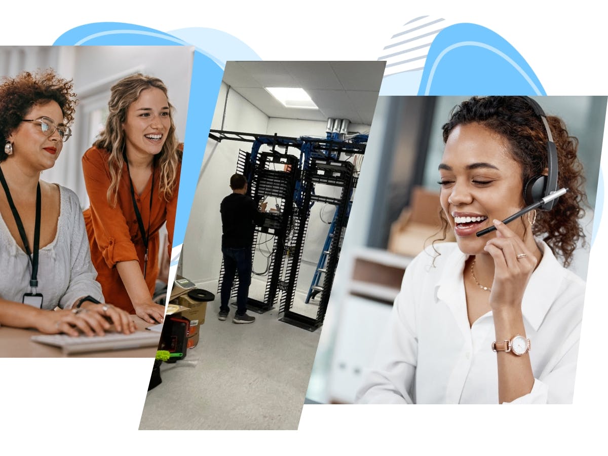 Three women working at computers and a telecom worker installing a server