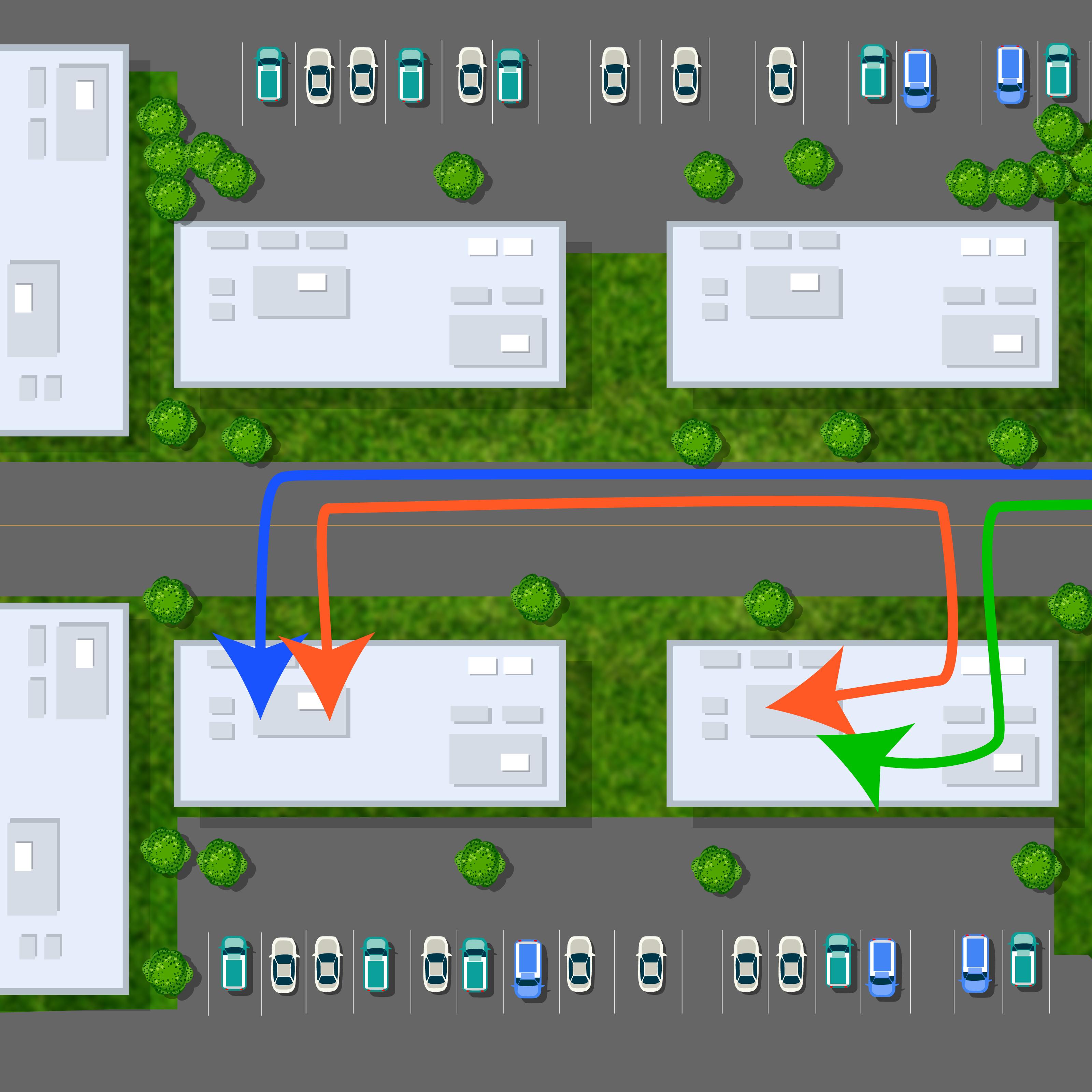 A top-down illustration of loadDepot's Cabling to link and connect three buildings via data cabling.