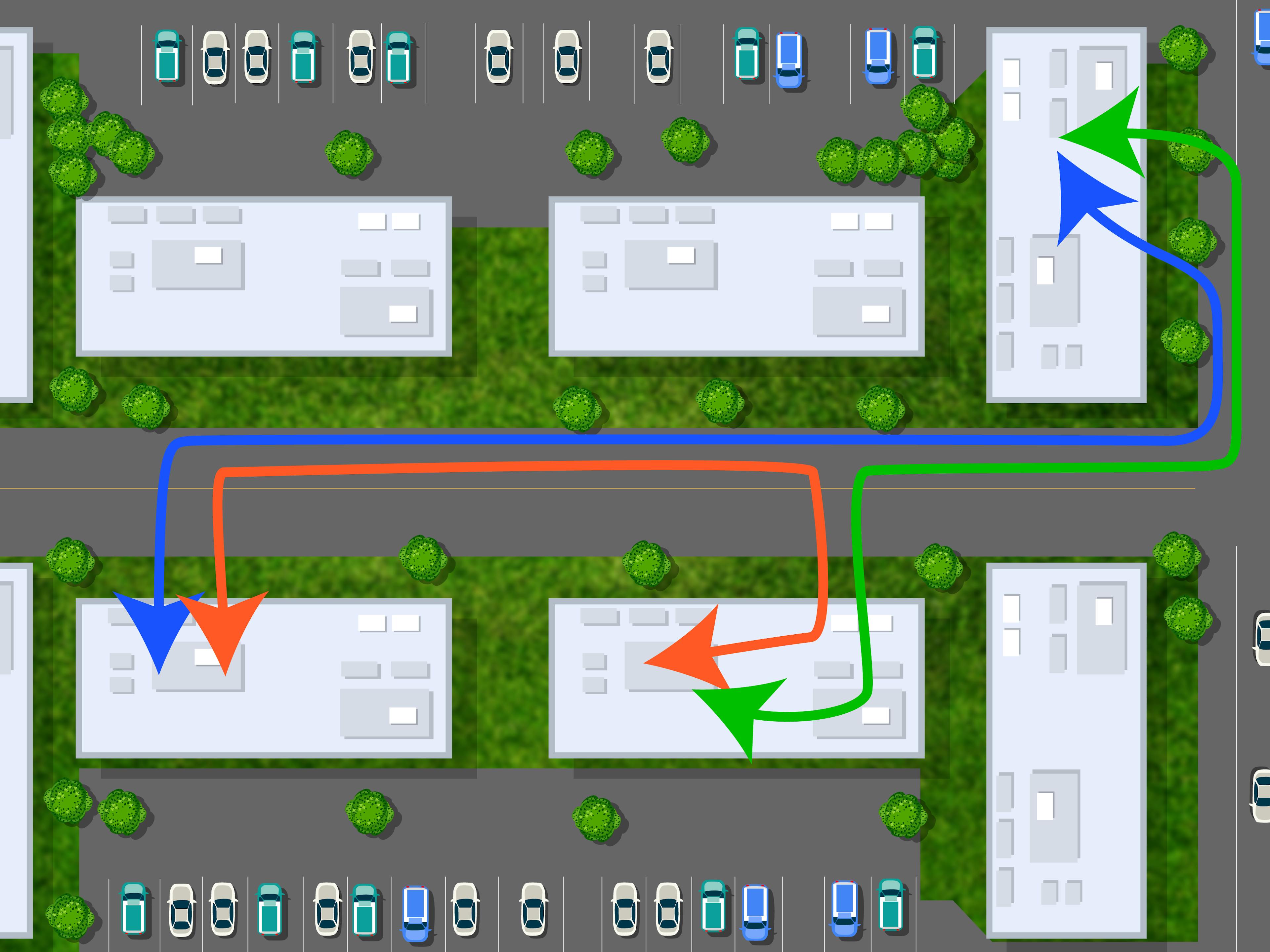 A top-down illustration of loadDepot's Cabling to link and connect three buildings via data cabling.
