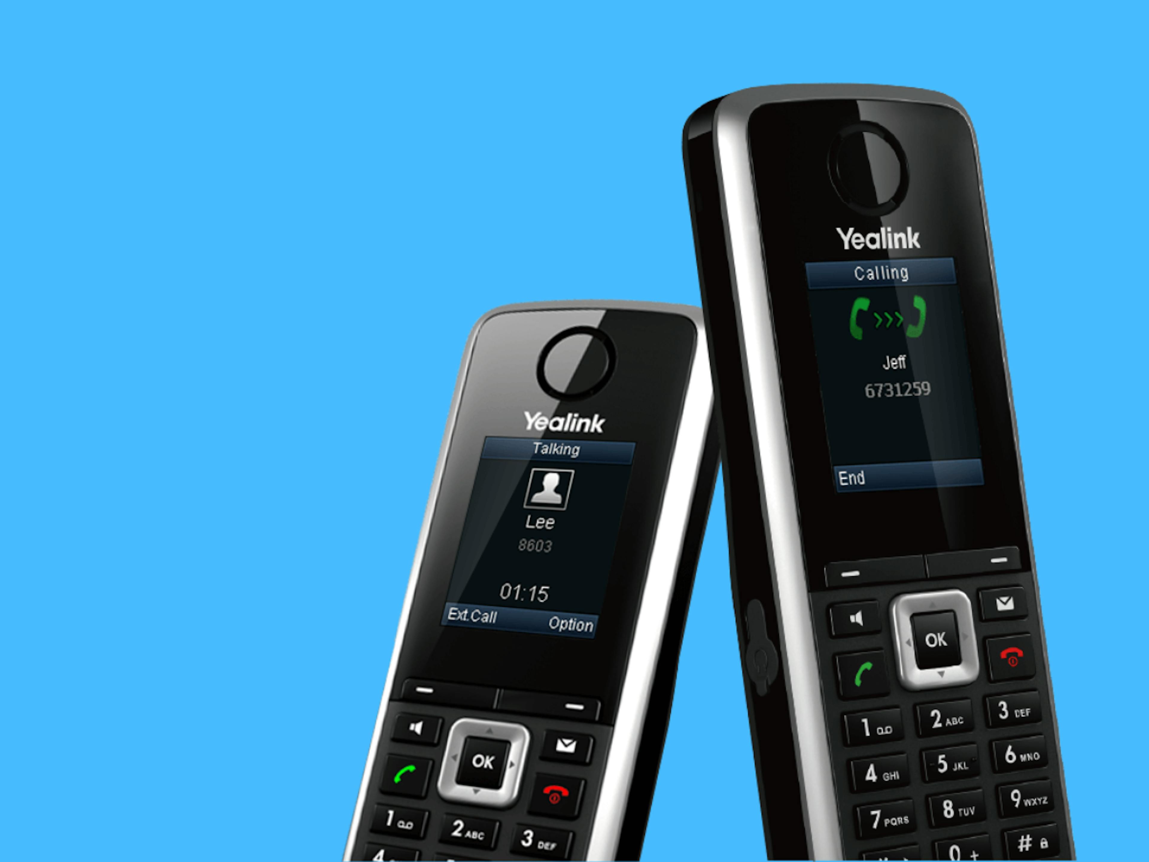 Two cordless, cloud VoIP Phones stacked together