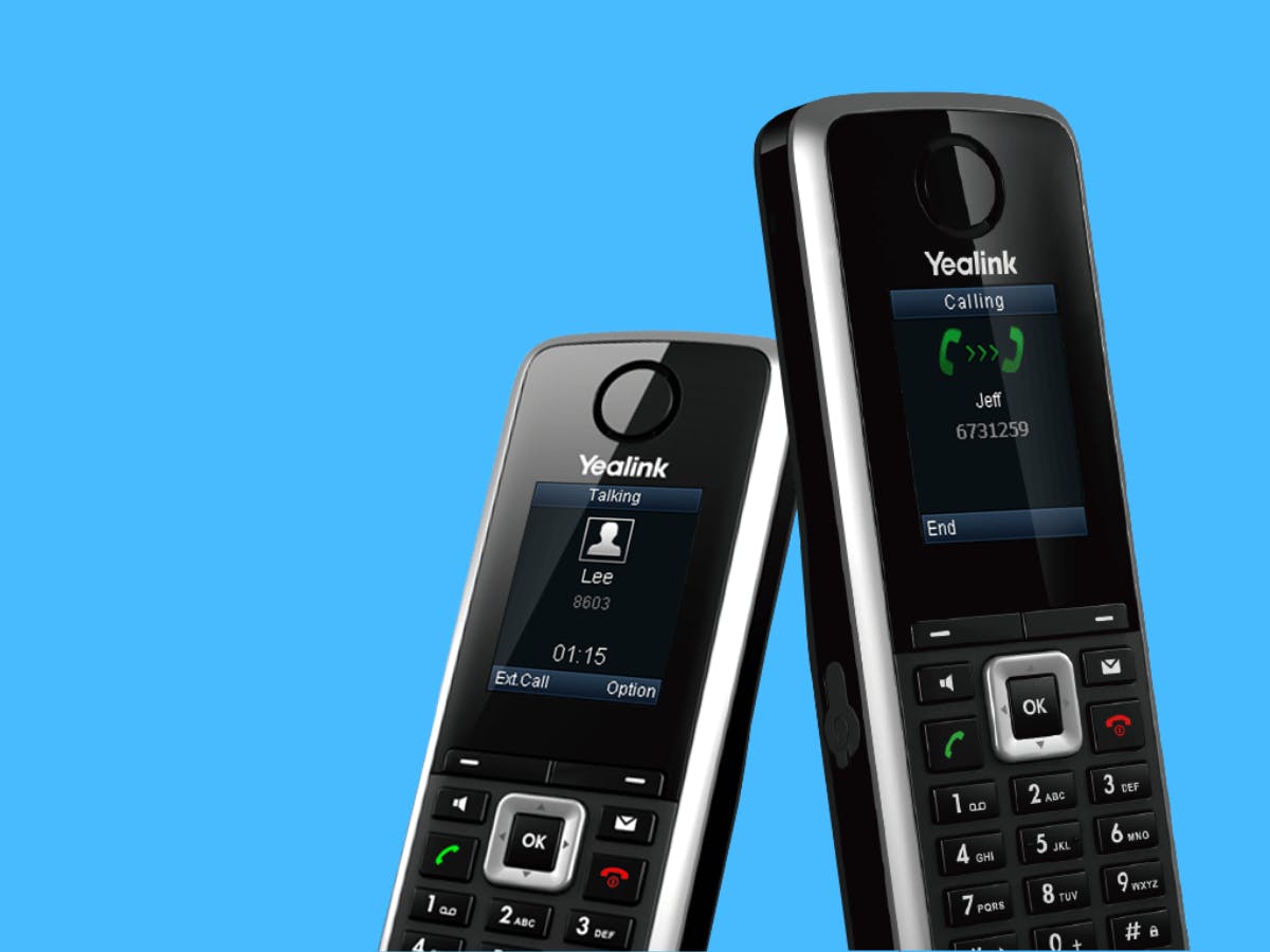 Two cordless, cloud VoIP Phones stacked together