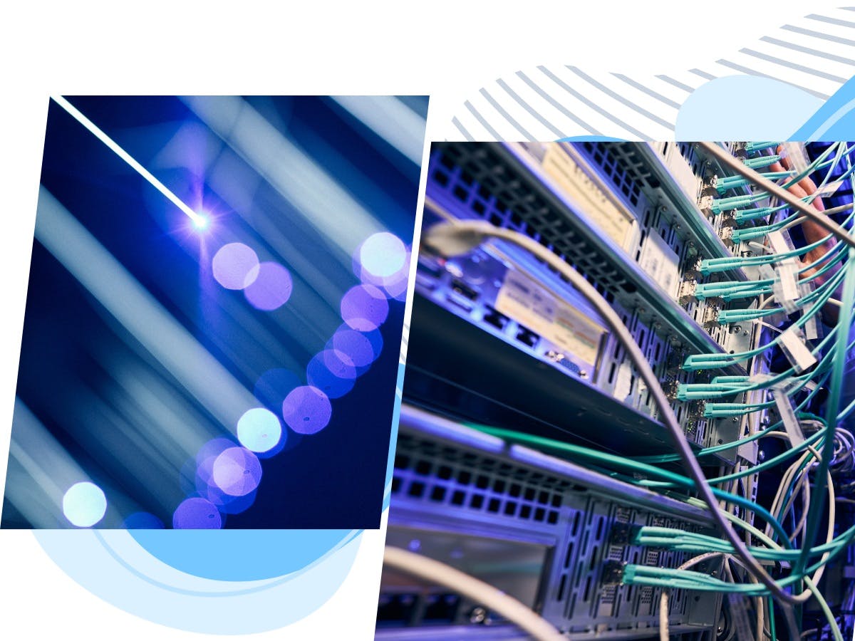 two images side-by-side, with de-focused fiber optic cables and a server rack with cables plugged in