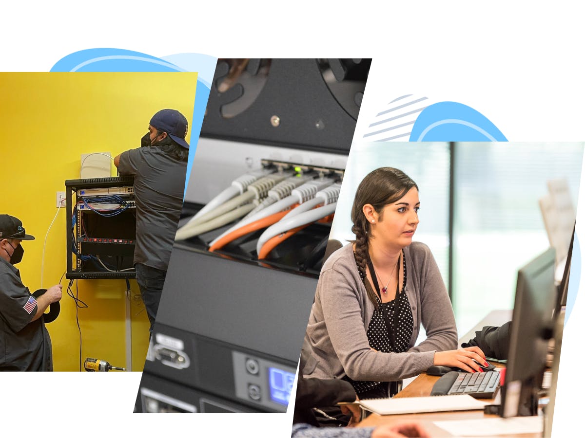 Three images side-by-side of workers installing cables, a close-up of a server, and a lady at a computer