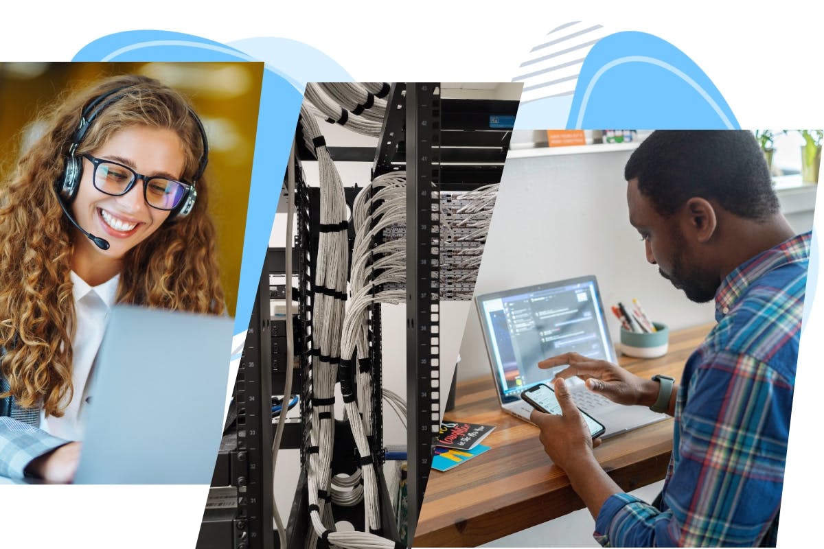 a lady on a VoIP headset, server wires, and a remote worker at a desk