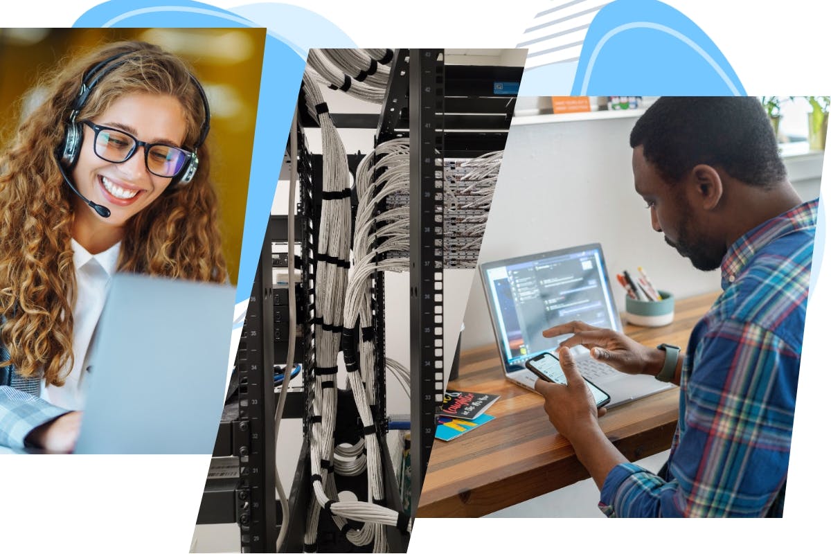 a lady on a VoIP headset, server wires, and a remote worker at a desk